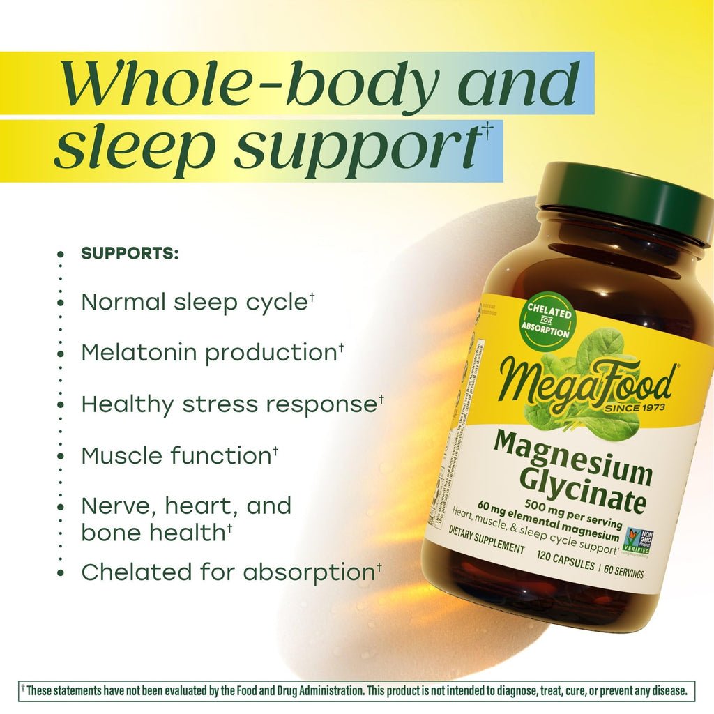 MegaFood Magnesium Glycinate 500mg - Chelated Magnesium Supplement - 60mg Elemental Magnesium - Gentle on the Stomach - Supports Normal Sleep Cycle & Healthy Stress Response - 120 Capsules 60 Servings MegaFood Au supplements