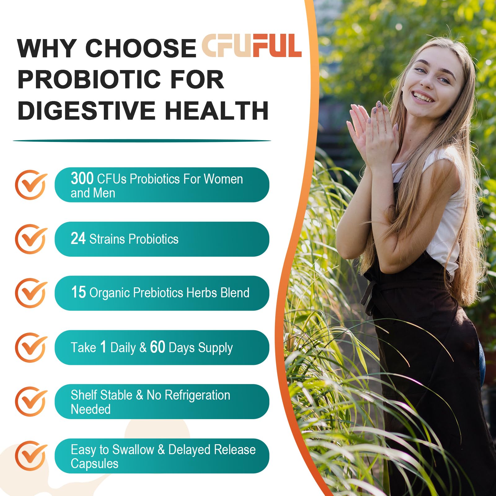 Probiotics for Women & Men - 300 Billion CFU, 24 Strains Probiotic + 15 Organic Herbs Prebiotics Blend, for Overall Digestive Gut Health, Immune, Constipation & Bloating, Shelf Stable - 4 Month Supply Cfuful Au supplements