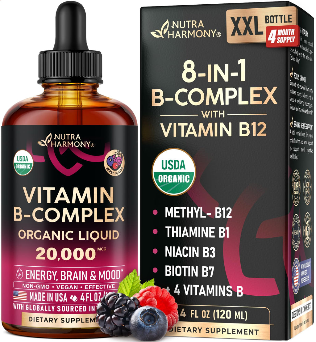 USDA Organic Vitamin B-Complex B5 Pantothenic Acid | B12 Methylcobalamin | B1 Thiamine | B6 Pyridoxine | B7 Biotin | B9 Folic | B3 Niacinamide