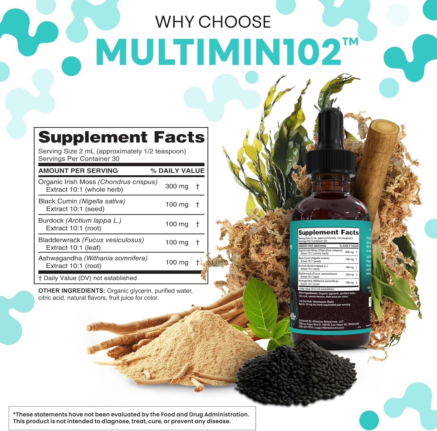 Clean Nutra Organic Sea Moss Drops Supplement | Black Seed Oil Irish Seamoss Ashwagandha Burdock Root & Bladderwrack - Multimineral Liquid Vegan