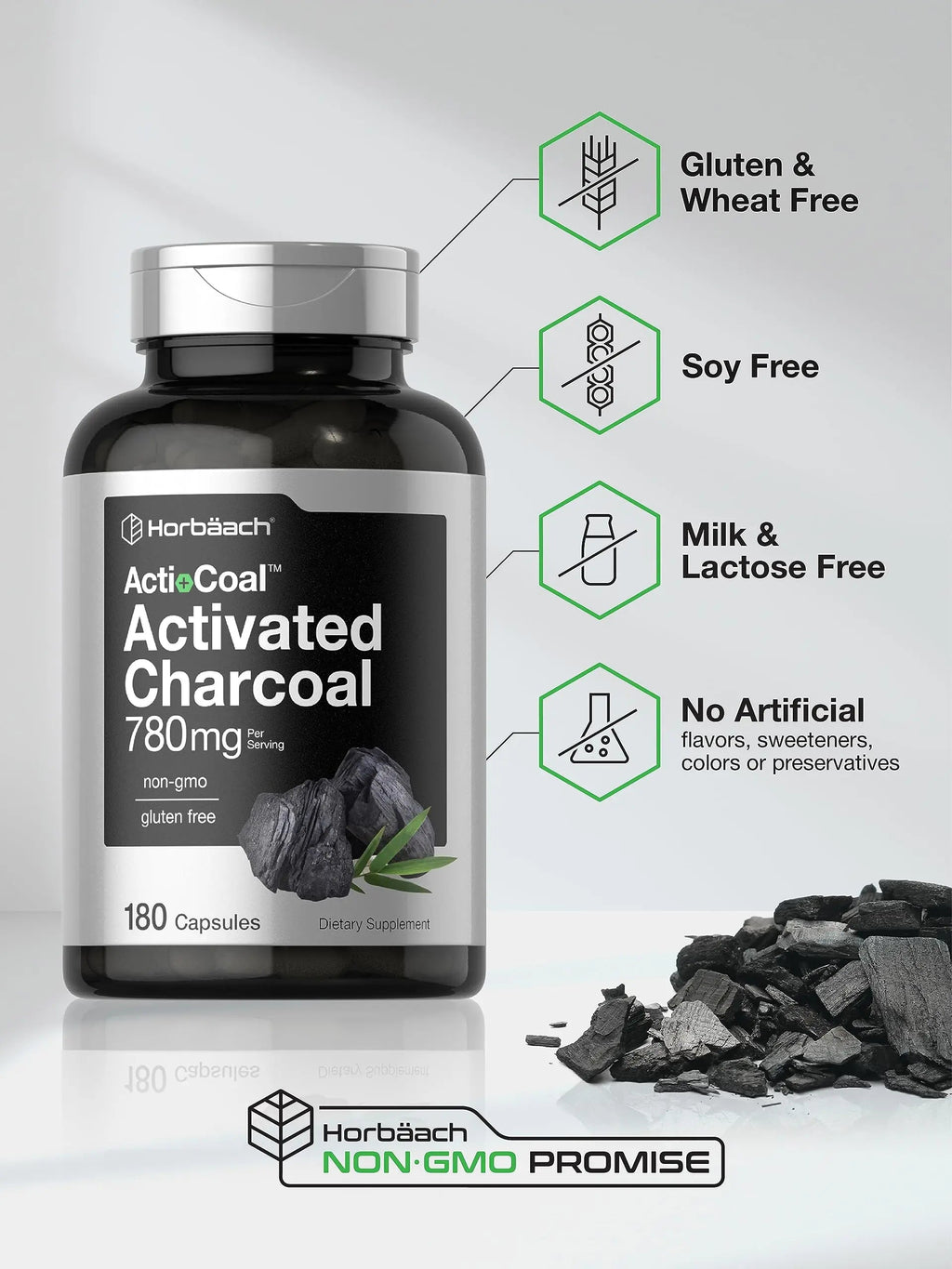 Charcoal Pills 780mg | 180 Capsules | Activated Charcoal from Coconut Shells | Non-GMO Horbäach Au supplements