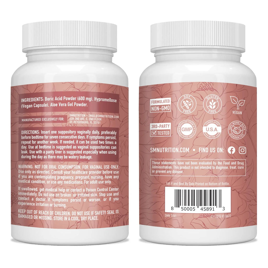 Boric Acid Suppositories for Women | 600mg | for pH Balance, Vaginal Odor & Itching | Feminine Intimate Health SMNutrition Au supplements