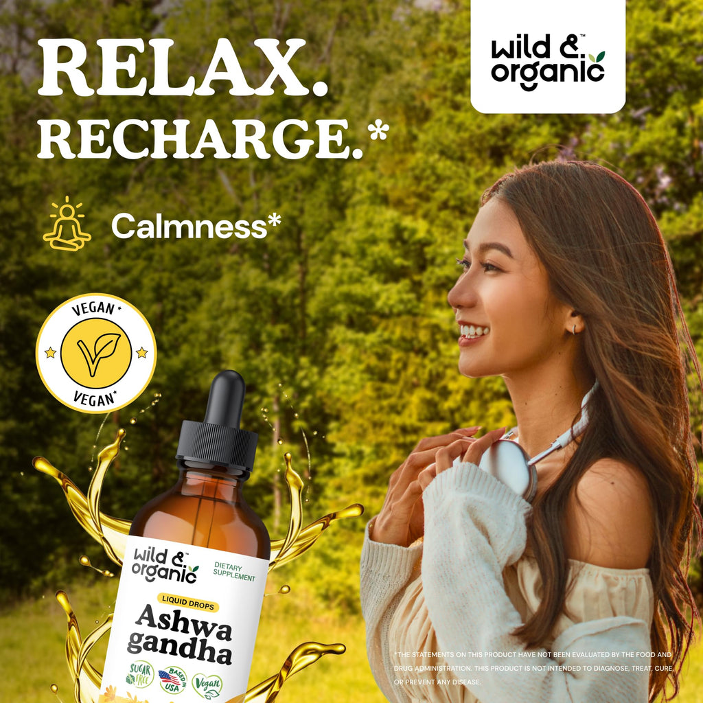 Wild & Organic Ashwagandha Drops - Mood Support & Positive Energy - 500 mg Ashwagandha for Women & Men - Add to Tea Liquid Extract for Relaxation - Non-GMO, Sugar & Alcohol-Free Tincture - 4 fl oz Wild & Organic Au supplements