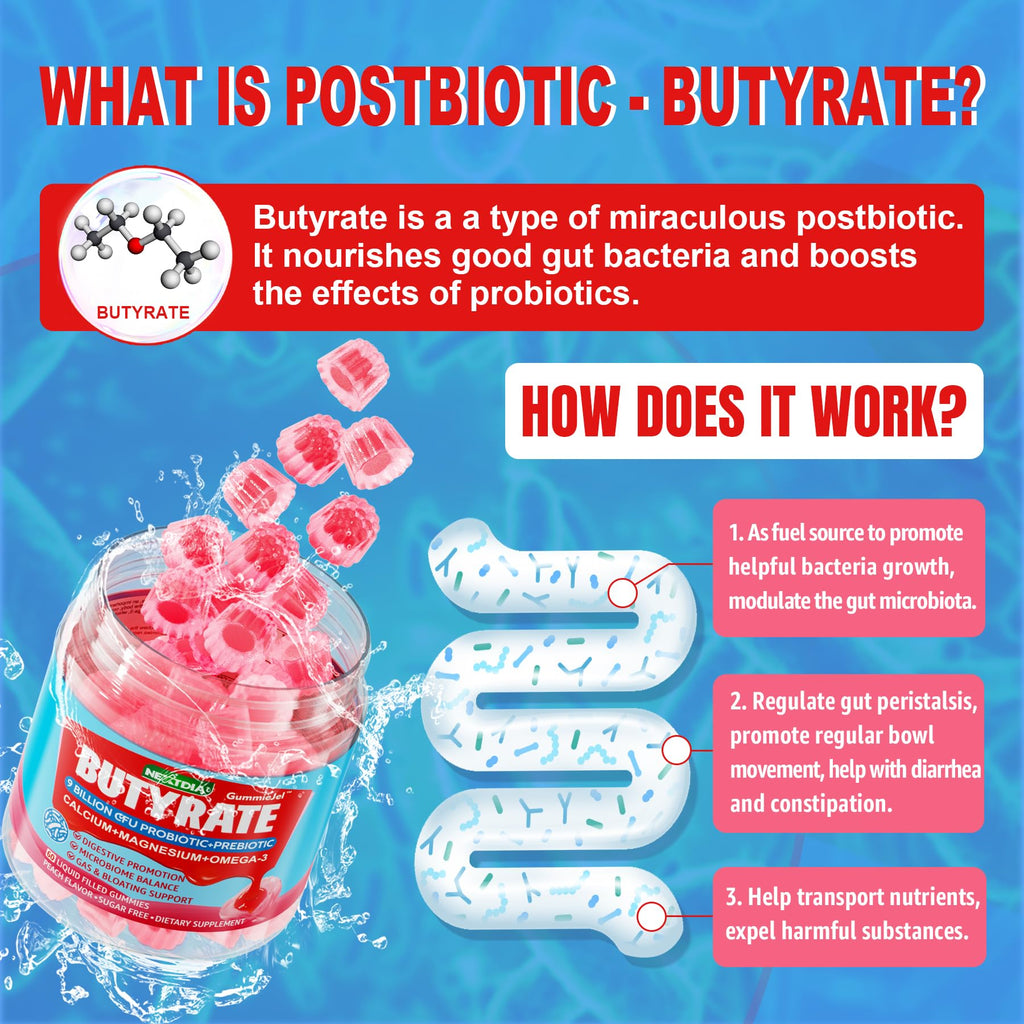 Butyrate Gummies with Probiotic + Prebiotic + Postbiotic, Omega-3 500mg,Fiber with 9 Billion CFU Probiotics, Calcium & Magnesium, Inulin,Psyllium Husk for Digestive Health,Bloating Support,Sugar Free Nextdia Au supplements