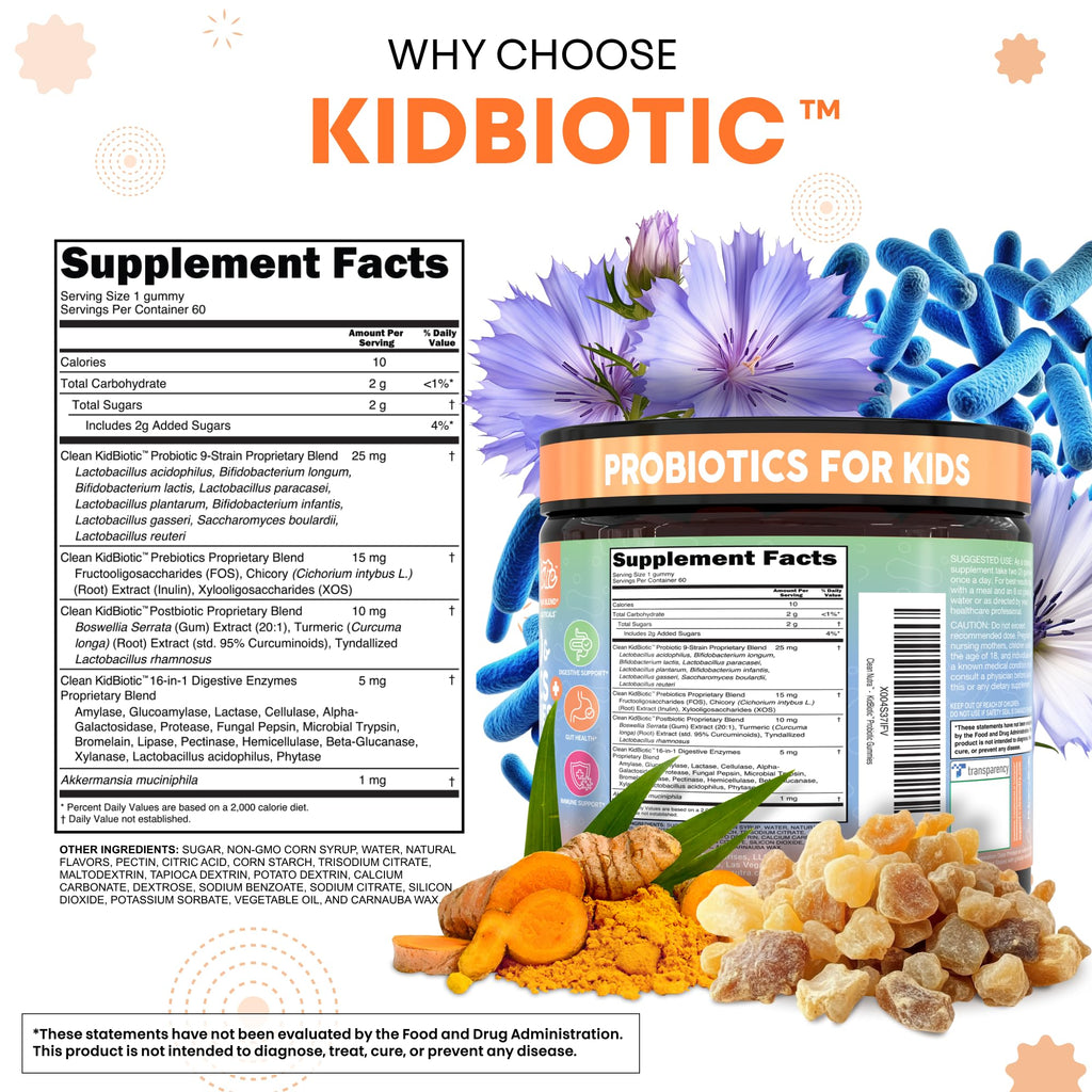 Clean Nutra Kids Probiotics Gummies with Prebiotics, Postbiotics, Digestive Enzymes, Akkermansia, Boswellia Serrata, Turmeric, Chicory – 60 Count – Plant-Based Supplement for Kids – PeachPop Flavor Clean Nutraceuticals Au supplements