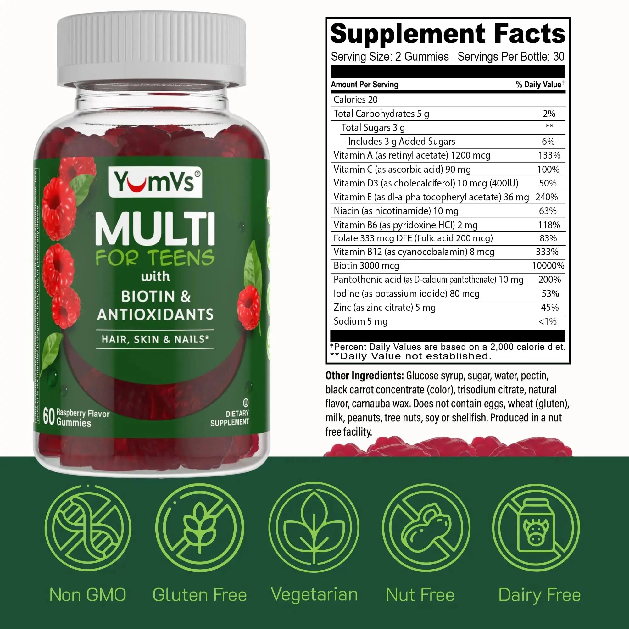 YumVs Teen Multivitamin Gummies with Biotin and Antioxidants - Raspberry Flavor - Hair Skin Nails Support - Kosher Teenager Vitamins YUM-V'S Au supplements