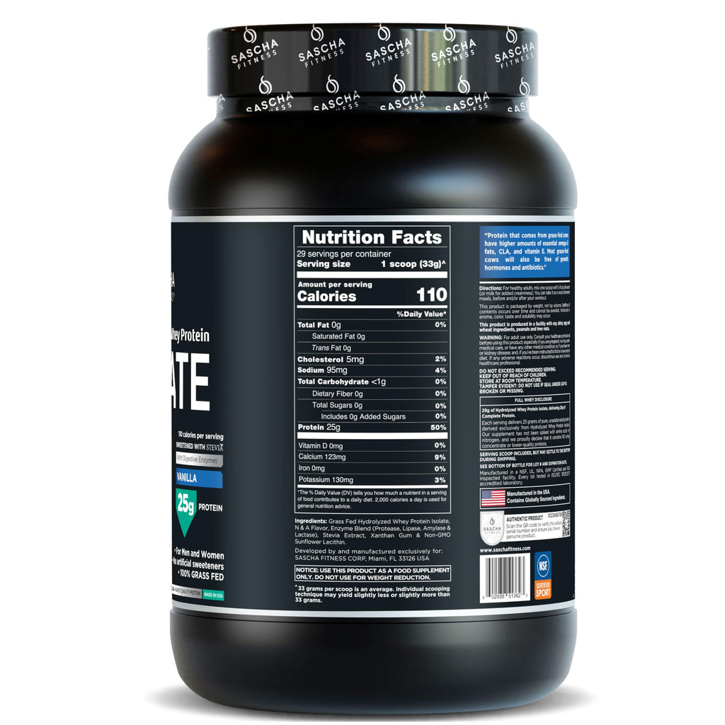 SASCHA FITNESS Hydrolyzed Whey Protein Isolate,100% Grass-Fed (2 Pounds, Vanilla)