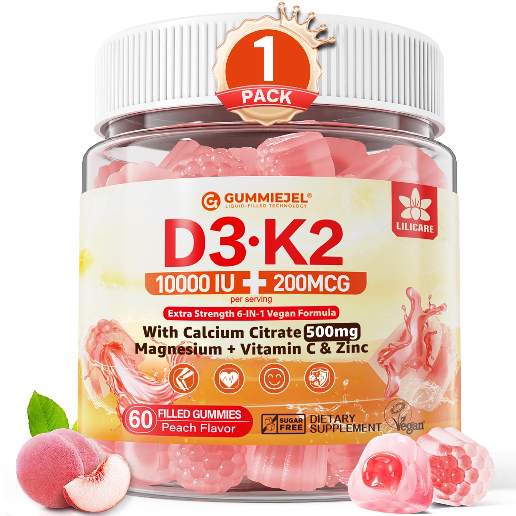 Vitamin D3 K2 Gummies 5000IU / 10,000 IU with 500mg Calcium + K2(MK-7) 200mcg, Magnesium, Vitamin C & Zinc, Extra Strength - Ultimate Absorbency for Bones