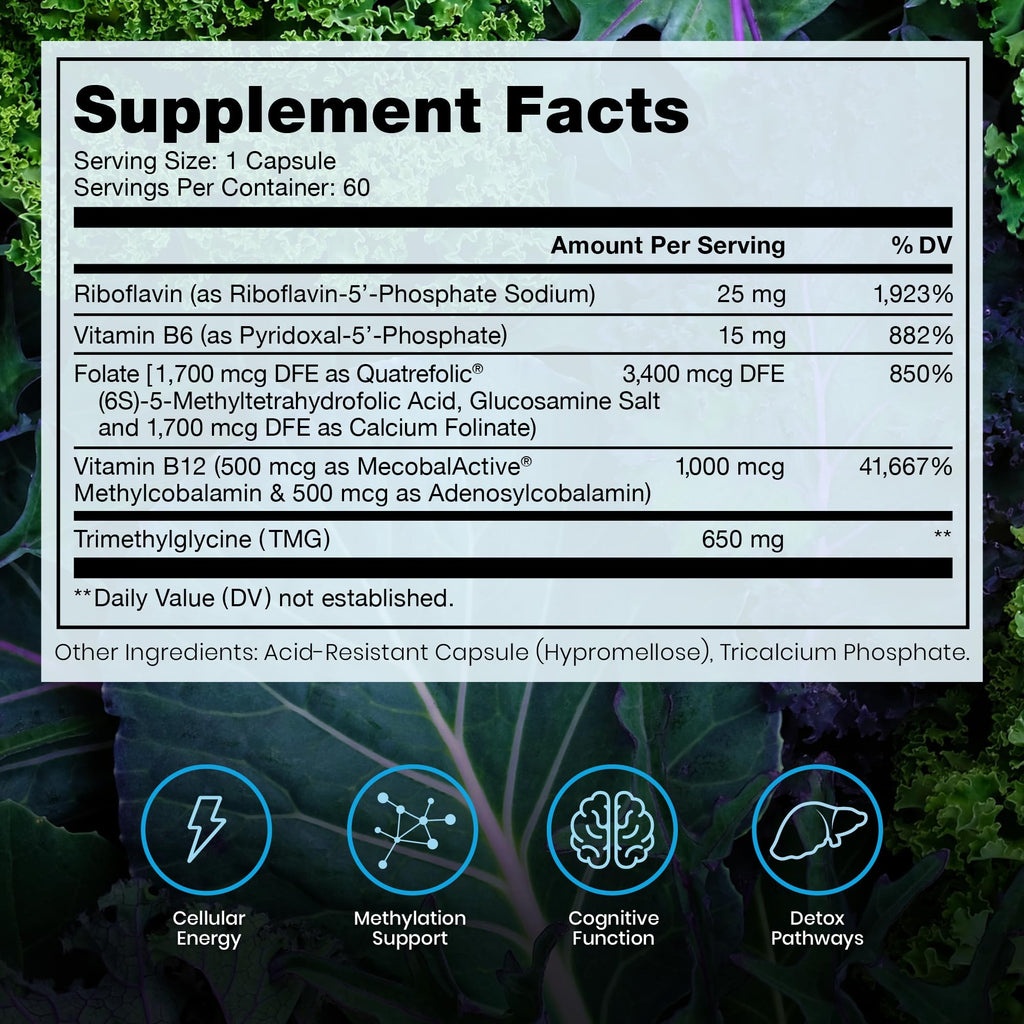 Methylated B Complex Vitamins, Made in USA, 2 Month Supply, Methyl B Complete Quatrefolic 5-MTHF Folate, B12 Methylcobalamin, TMG Trimethylglycine