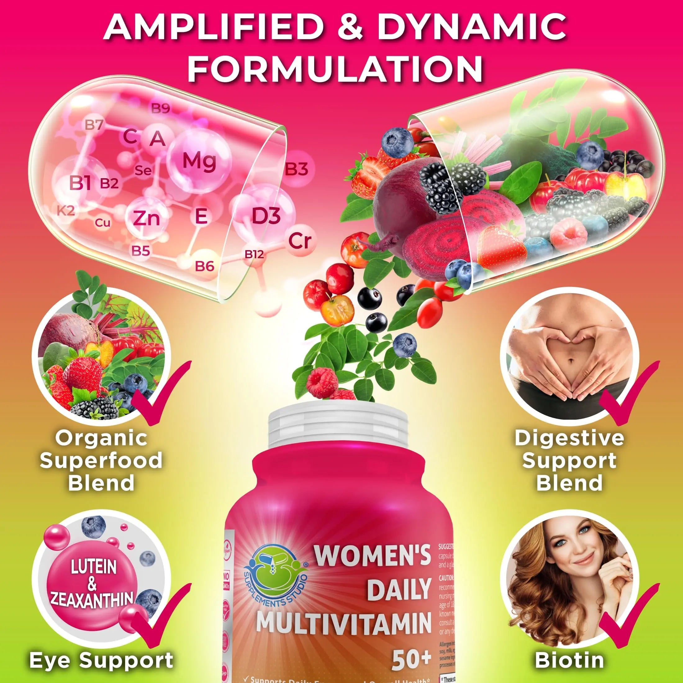Women's Daily Multivitamin 50 Plus - Vegan Methylated Multivitamin for Women 50 and Over with Biotin, Organic Superfoods & Lutein SUPPLEMENTS STUDIO Au supplements