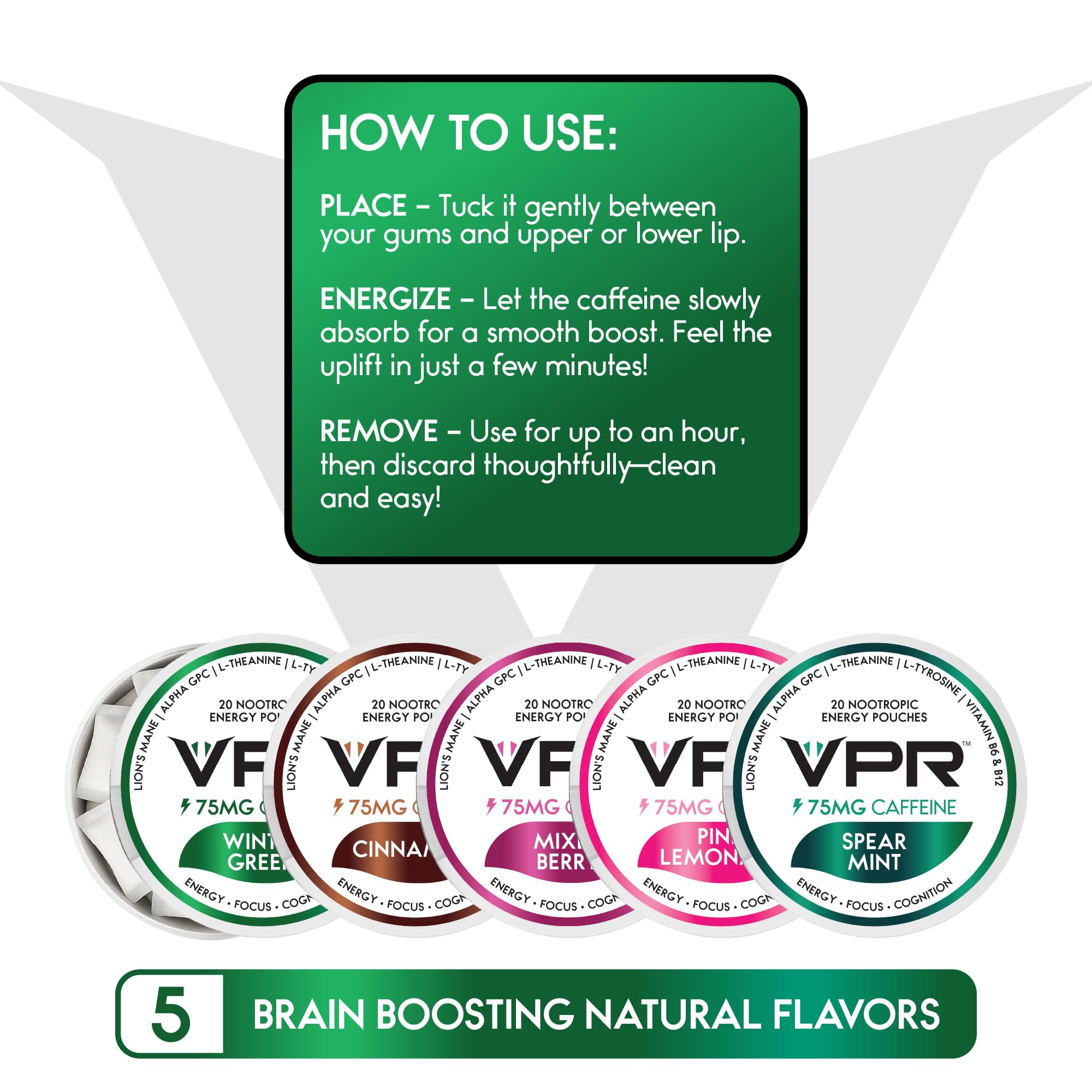 VPR 75MG Caffeine Nootropic Pouches | 20 Count Energy Pouches with Lion's Mane, Alpha-GPC, Vitamin B6 & B12, L-Theanine, and L-Tyrosine | Naturally Flavored Focus Pouches with No Sugar (Variety Pack) VPR Energy Au supplements