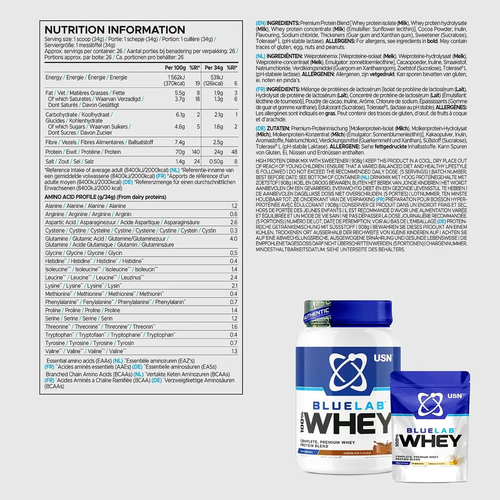 USN Blue Lab Whey Protein Powder: Chocolate - Whey Protein 2kg - Post-Workout USN Au supplements