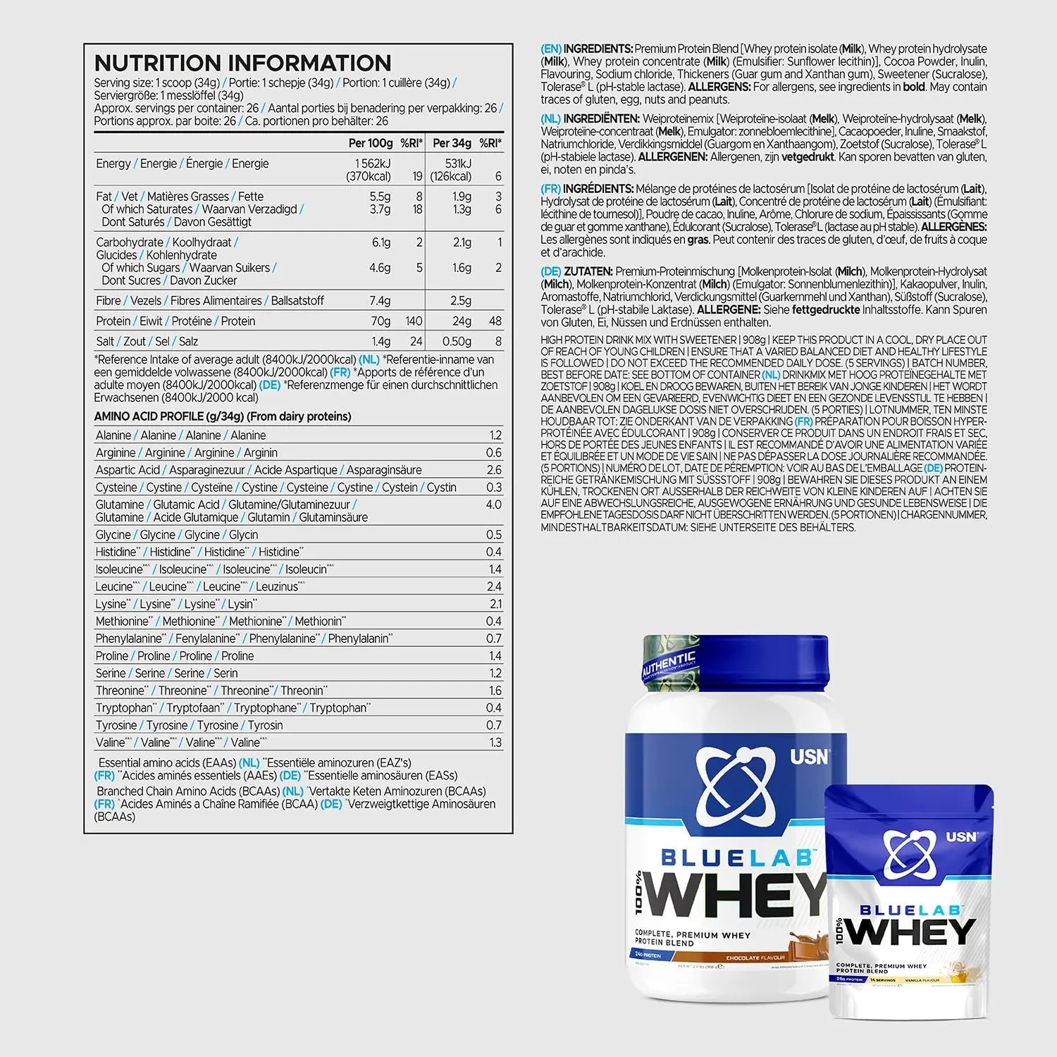 USN Blue Lab Whey Protein Powder: Chocolate - Whey Protein 2kg - Post-Workout USN Au supplements