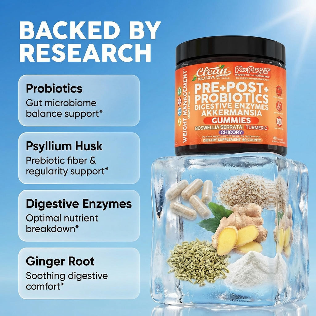 Clean Nutra Prebiotic Postbiotic Digestive Enzymes Gummies with Chicory Root, Boswellia Serrata, Turmeric, and Akkermansia | Pre+Post Probiotics Supplement