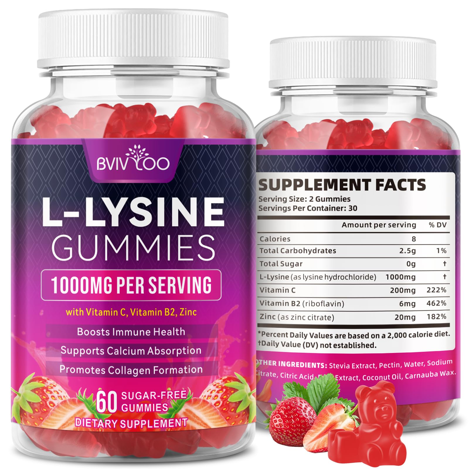 BVIVLOO L-Lysine 1000mg Gummies for Immune Support & Skin Health - High Potency Vegan Gummies, Sugar-Free, Natural Berry Flavor, Gluten-Free Chewable Supplement