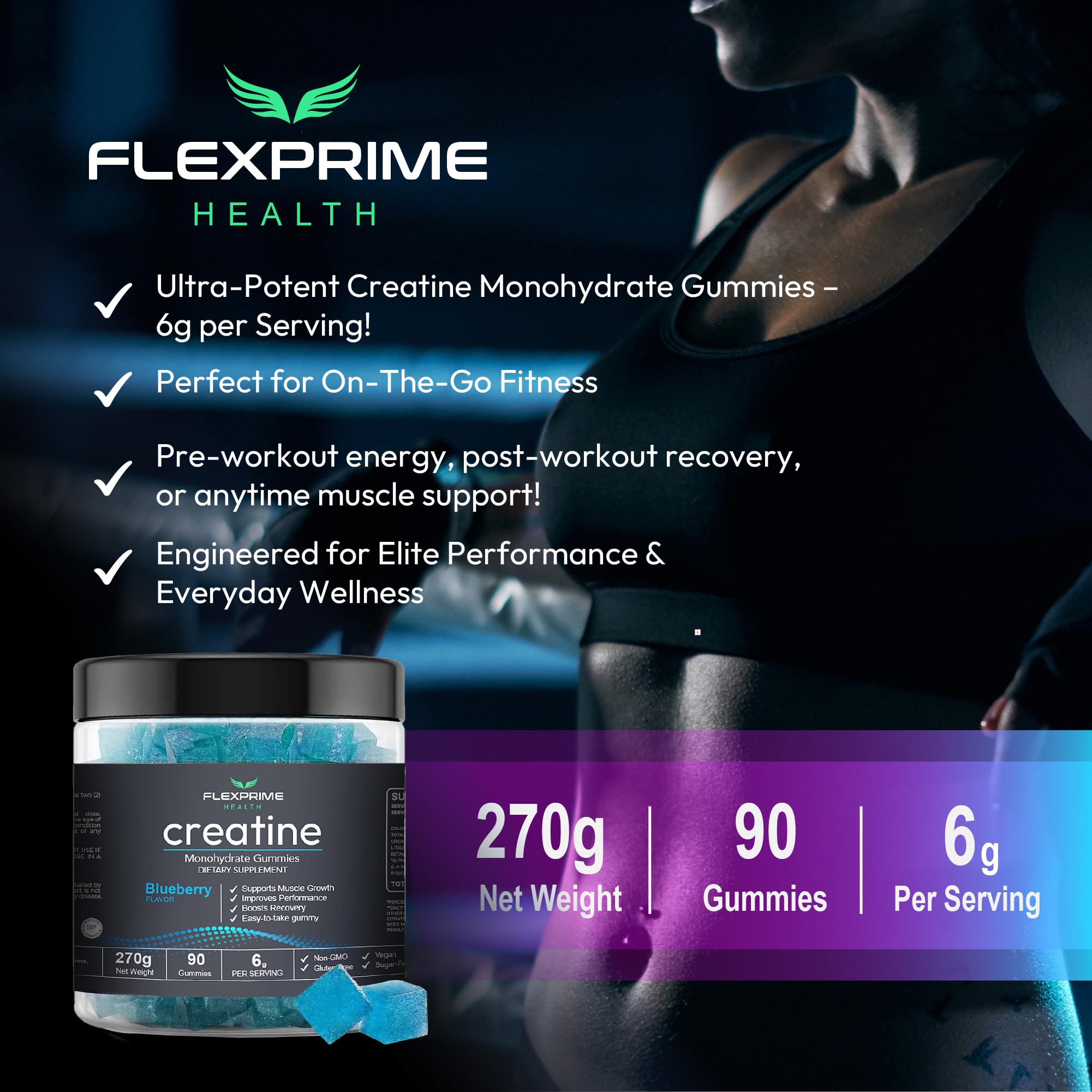 FlexPrime Creatine Gummies Sugar Free - 6g Creatine Monohydrate + L-Taurine, Alpha GPC, Betaine | Vegan Halal Blueberry Chews for Lean Muscle, Strength, Brain Health | Men Women 90 Count FlexPrime Au supplements