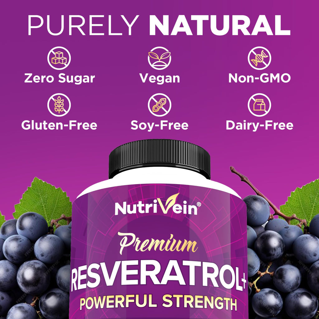 Nutrivein Premium Resveratrol 1450mg - 120 Caps: Pure Trans Resveratrol Supplement Enhanced with Green Tea Leaf & Acai Berry