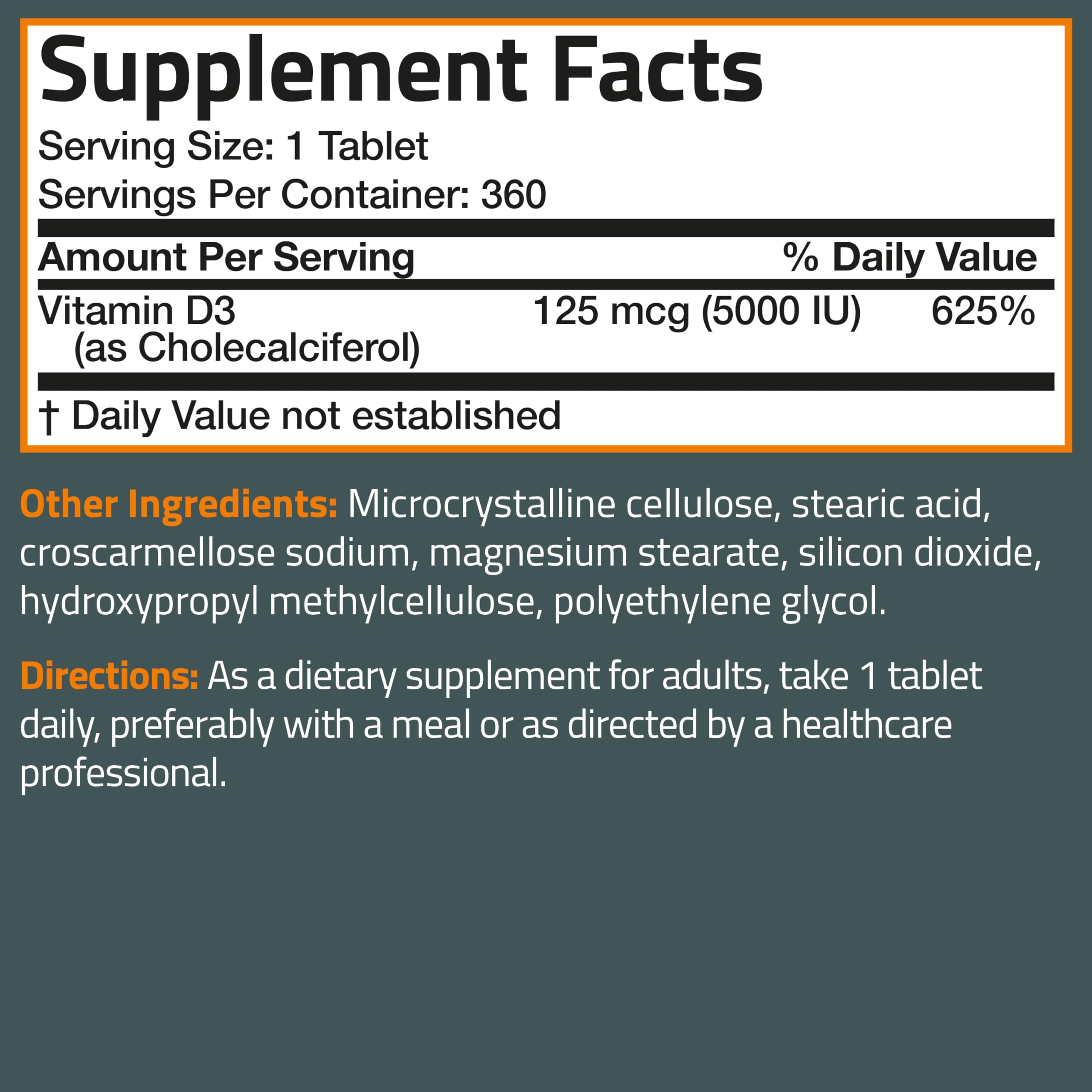 Bronson Vitamin D3 5000iu (125mcg) Healthy Muscle Function and Immune Support, Non-GMO, 360 Tablets