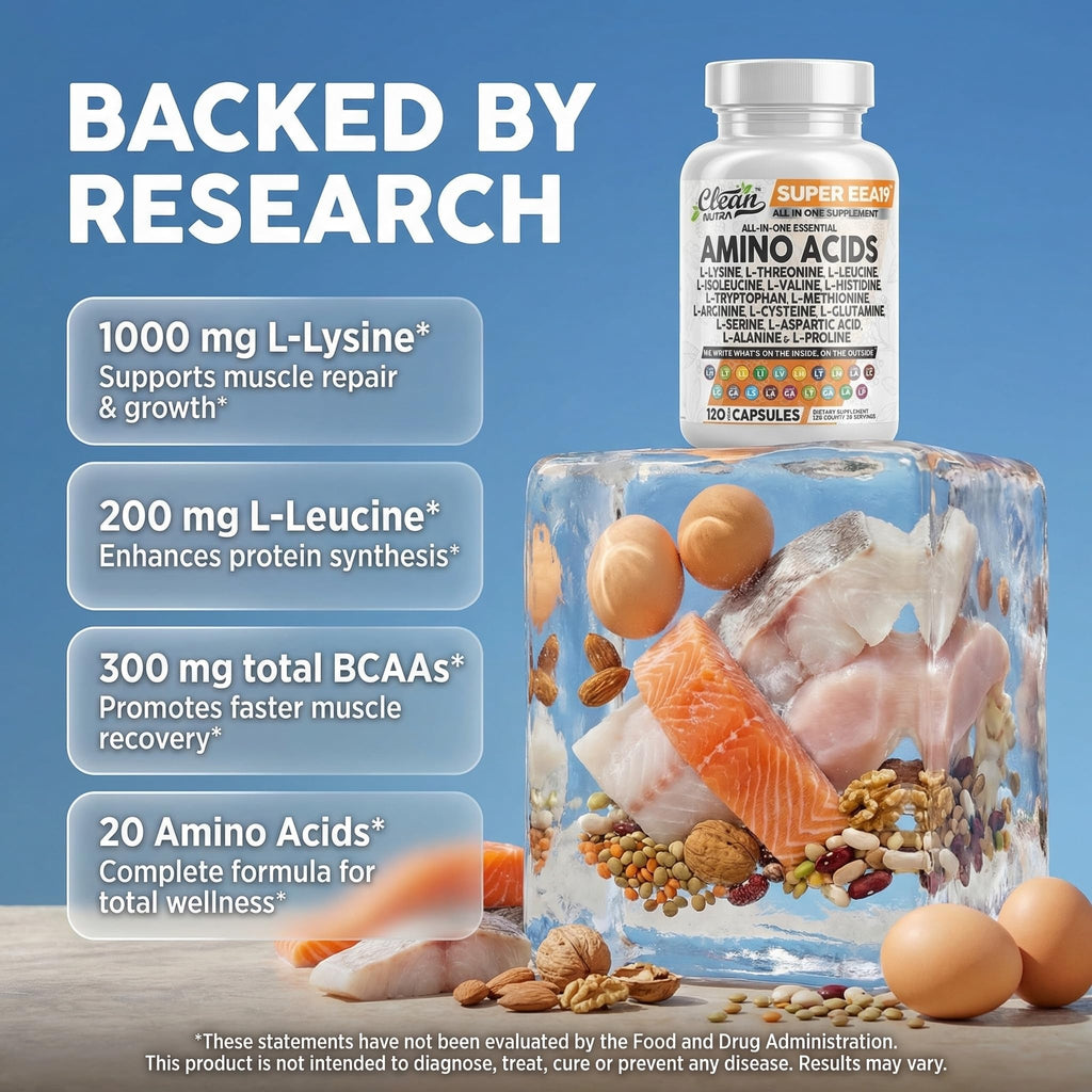 Clean Nutraceuticals Amino Acids Supplement L-Lysine, L-Threonine, L-Leucine, Isoleucine, Valine, L-Histidine, L-Tryptophan, L-Methionine, L-Arginine, L-Cysteine,