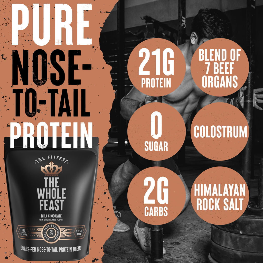The Fittest Whole Feast Beef Protein Powder - Milk Chocolate - Grass Fed Nose to Tail Carnivore Blend Including Liver, Colostrum and Whole Bone - BCAAs - 14g Collagen, 21g Total Protein