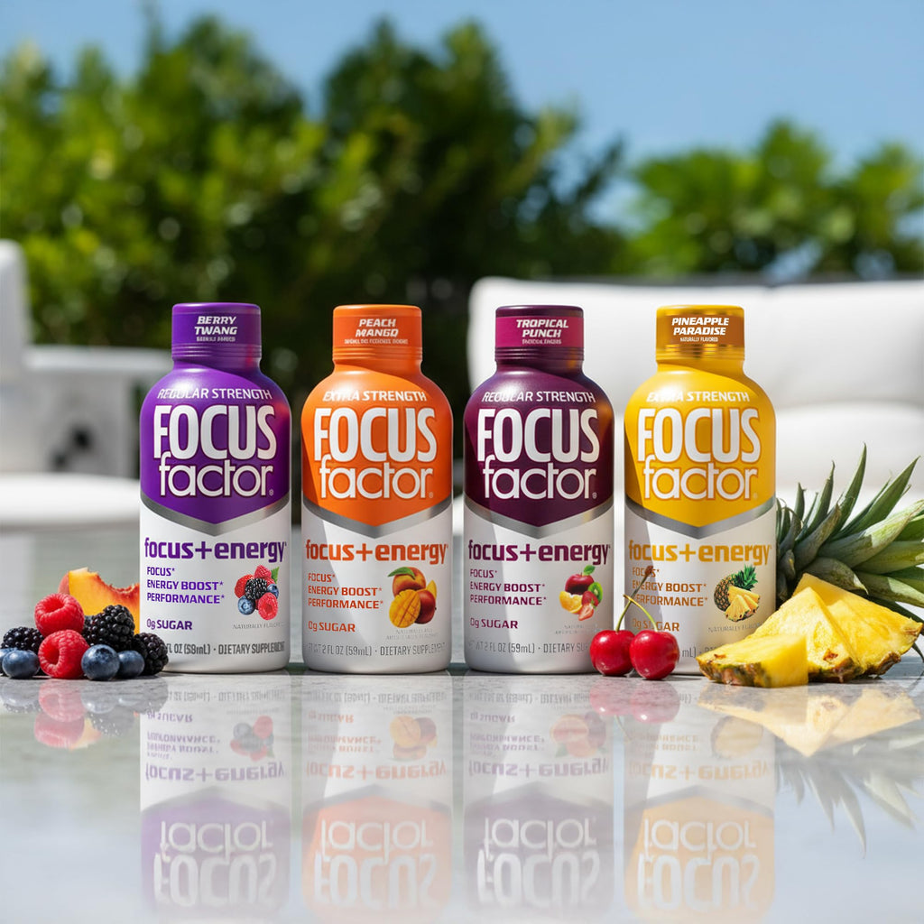 Focus Factor Extra Strength Focus + Energy Shots - 12 x 2oz Bottles (Peach Mango Flavor) - Powered by Nootropics with Caffeine, L-Theanine, Ginkgo, Bacopa, L-Tyrosine, Alpha GPC Focus Factor Au supplements