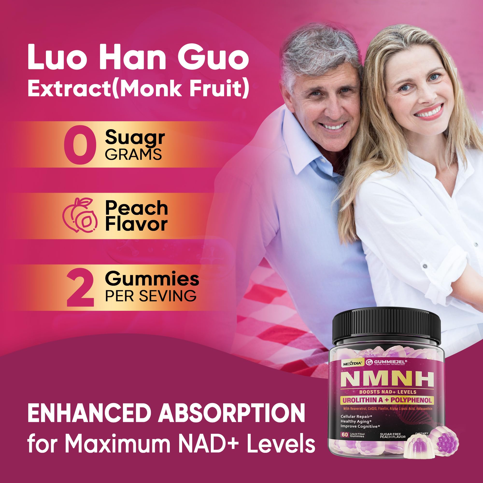 NMNH Gummies 300MG for Longevity with Urolithin A, Polyphenol Blend, Resveratrol, NAD+ Supplement for Women & Men Boost NAD+ Levels, Optimized Aging, Cell, DNA Repair, Energy, Focus, Sugar Free, 60cts Nextdia Au supplements