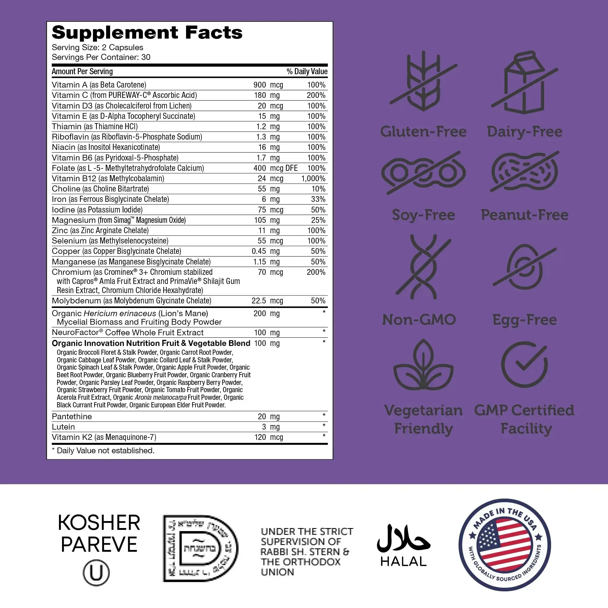 Zahler - Multivitamin Brain Supplement (60 Count) Kosher Brainfood Capsules for Adults with Neuro Factor & Lion's Mane Zahler Au supplements