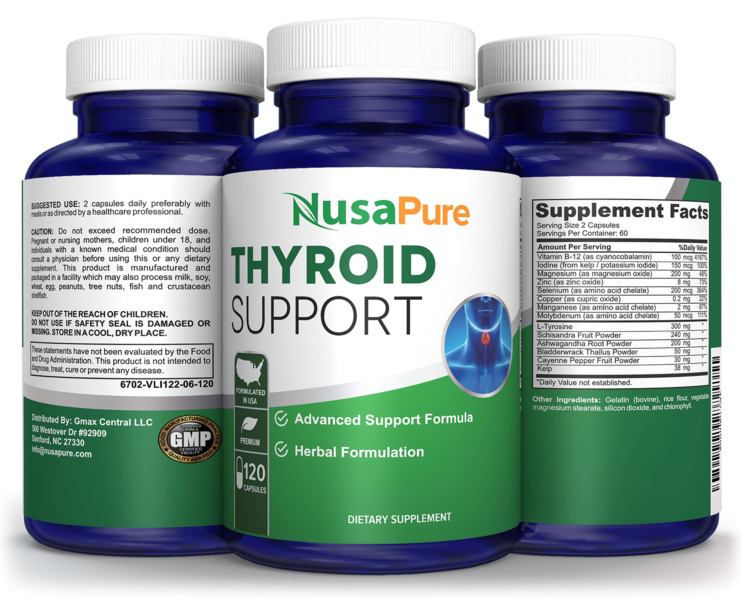 NusaPure Thyroid Support Supplement (Non-GMO) 120 caps, Ashwaganda, Iodine, Zinc, kelp, Vitamin B12, L-Tyrosine, Selenium, Copper NusaPure Au supplements