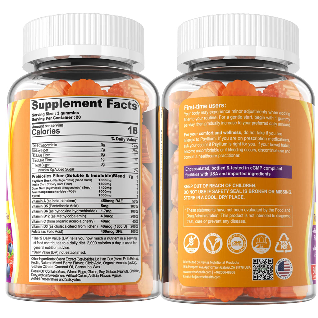 Fiber Gummies for Adults with Psyllium Husk, 7G(Soluble + Insoluble) Daily Prebiotic Fiber with Inulin, FOS, Guar Gum, Multivitamins for Daily Digestive Health,