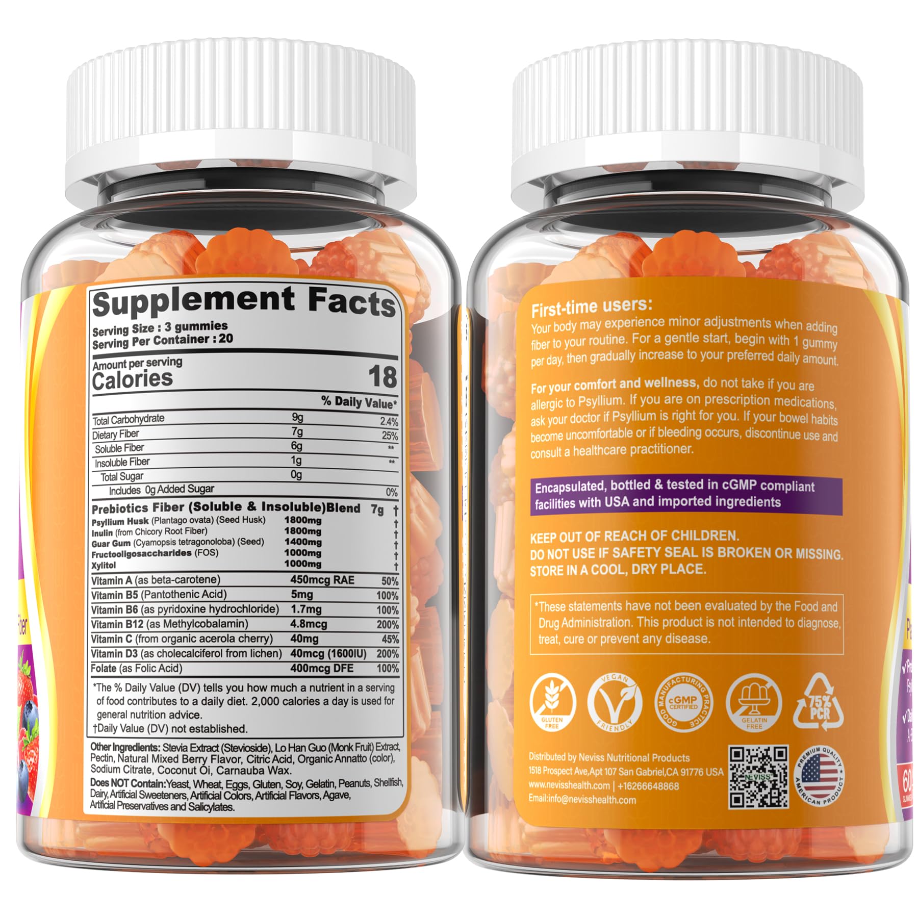 Fiber Gummies for Adults with Psyllium Husk, 7G(Soluble + Insoluble) Daily Prebiotic Fiber with Inulin, FOS, Guar Gum, Multivitamins for Daily Digestive Health,