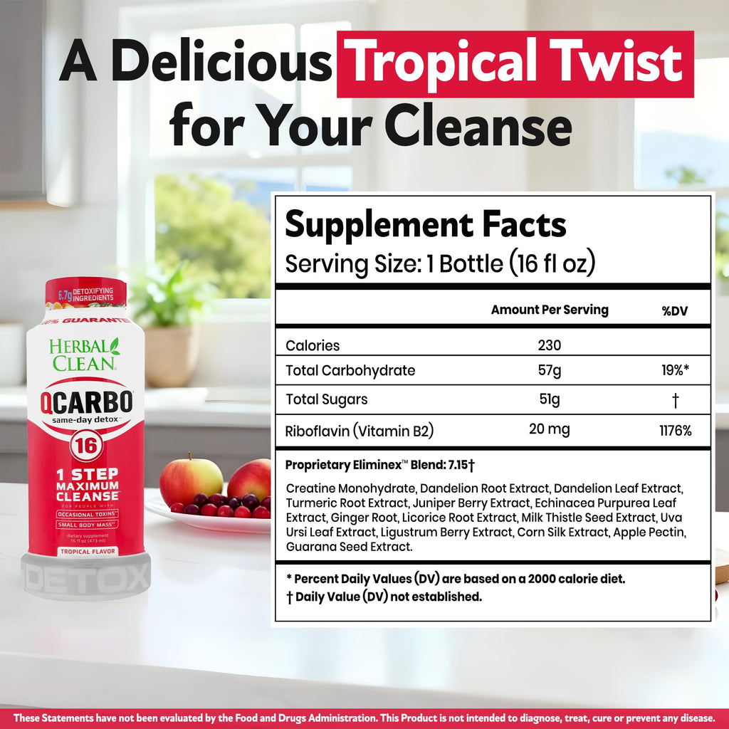 Herbal Clean Qcarbo16 Same-Day Detox Cleanse Drink (16 fl oz) - Tropical Flavor Full Body Cleanse* Detox Drink for Moderate Toxin Level*