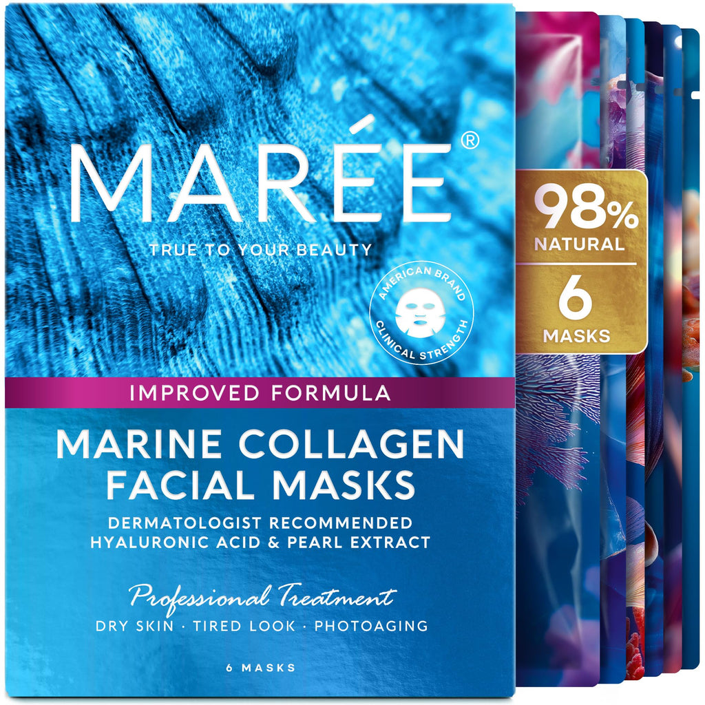 MAREE Collagen Facial Mask with Hyaluronic Acid — Sheet Face Mask Skincare — Centella Asiatica, Green & Red Algae Extract