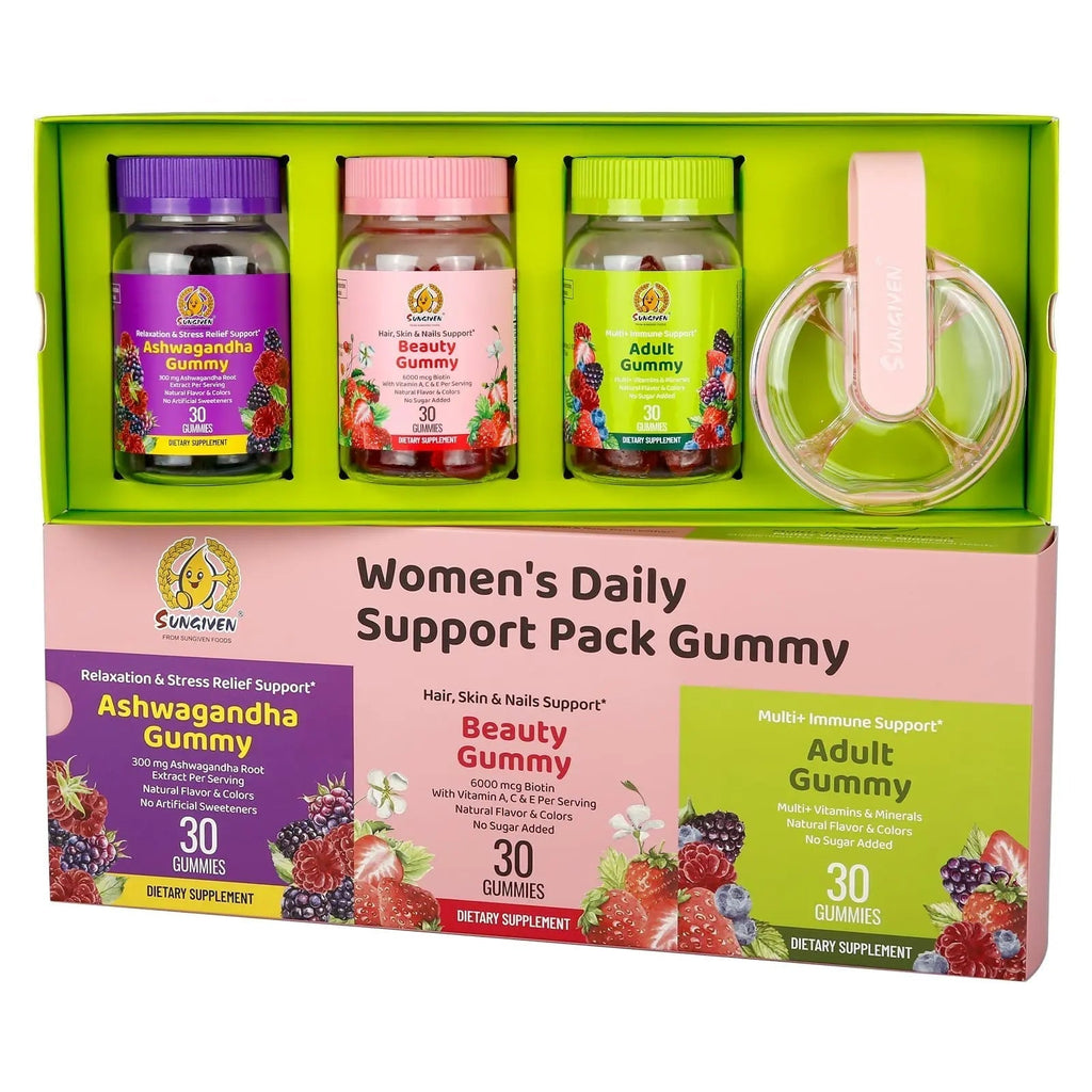 Women's Multivitamin Gummy Pack, 3 Support for Hair Skin Nails Sleep Daily Health, Vitamins A, D, C, E, Biotin, Ashwagandha SUNGIVEN Au supplements