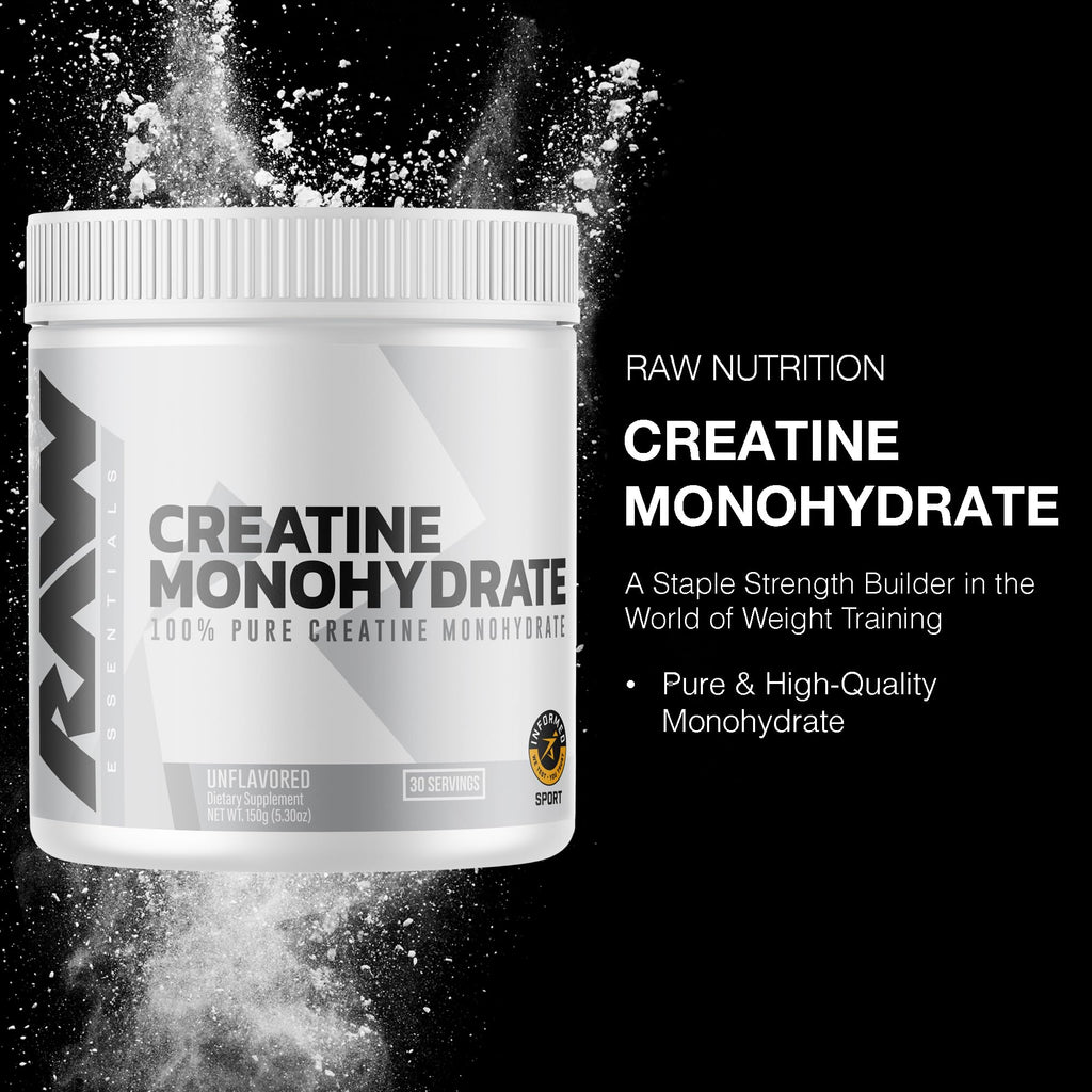 RAW Nutrition Creatine Monohydrate Powder, Unflavored (30 Servings) - Micronized Creatine Monohydrate Supplement for Workout Performance, Build Muscle & Strength