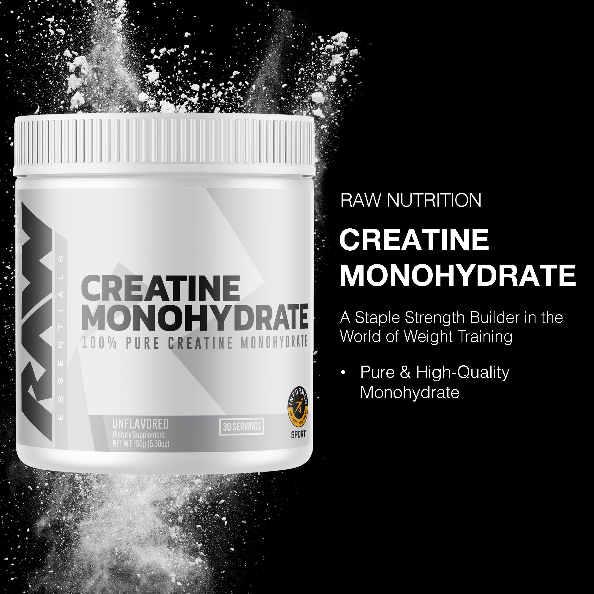 RAW Nutrition Creatine Monohydrate Powder, Unflavored (30 Servings) - Micronized Creatine Monohydrate Supplement for Workout Performance, Build Muscle & Strength