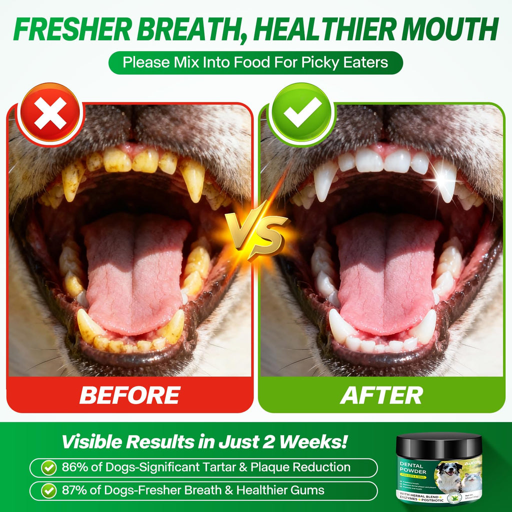 Dog Dental Powder for Teeth Cleaning Plaque & Bad Breath Off, Dental Powder for Dogs Teeth with Natural Herbal Blend & Postbiotics, Dog Teeth Cleaning Powder with Enzymes for Dogs & Cats (3.5oz) AUROS Au supplements