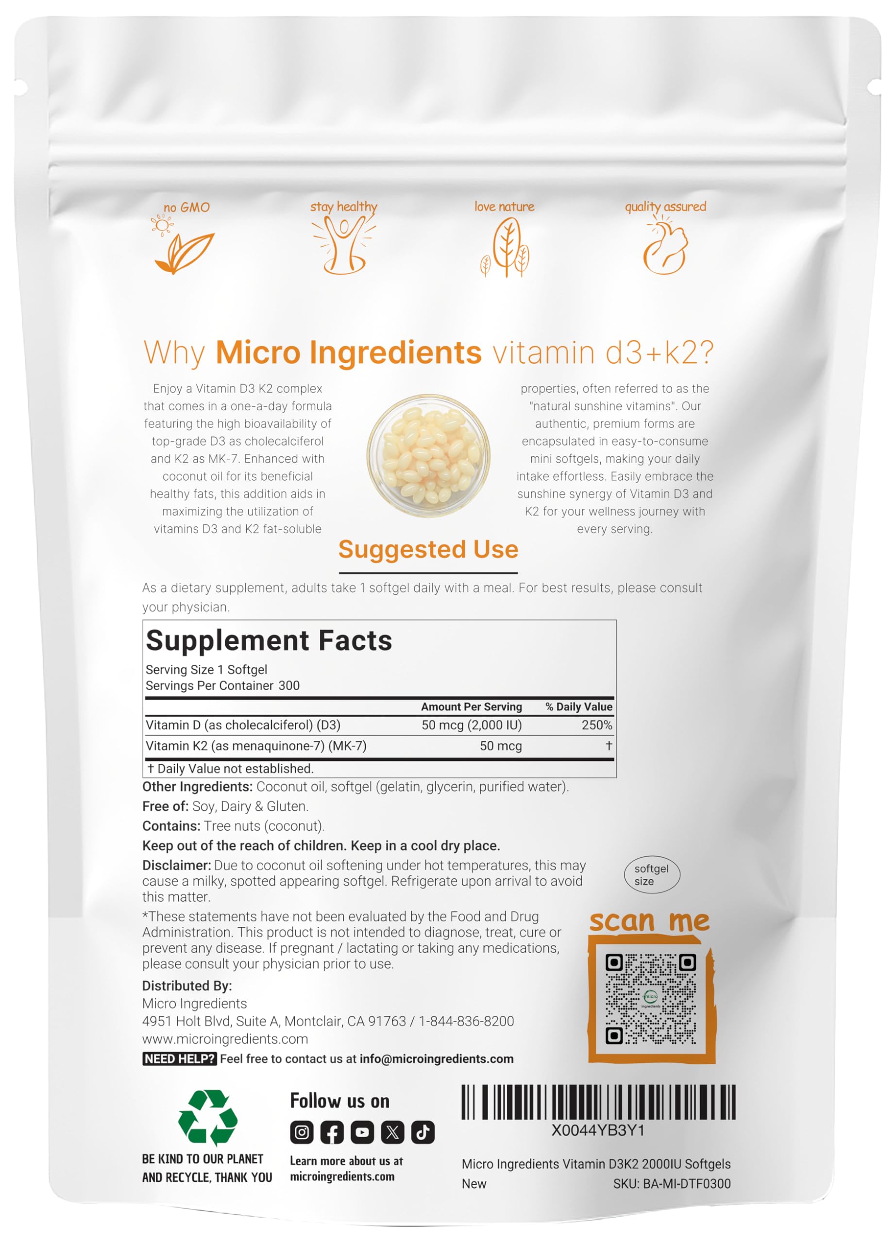 Micro Ingredients Vitamin D3 2,000 IU + K2 MK-7 50 mcg, 300 Softgels | Virgin Coconut Oil | 2-in-1 Support | Easy to Swallow, Non-GMO