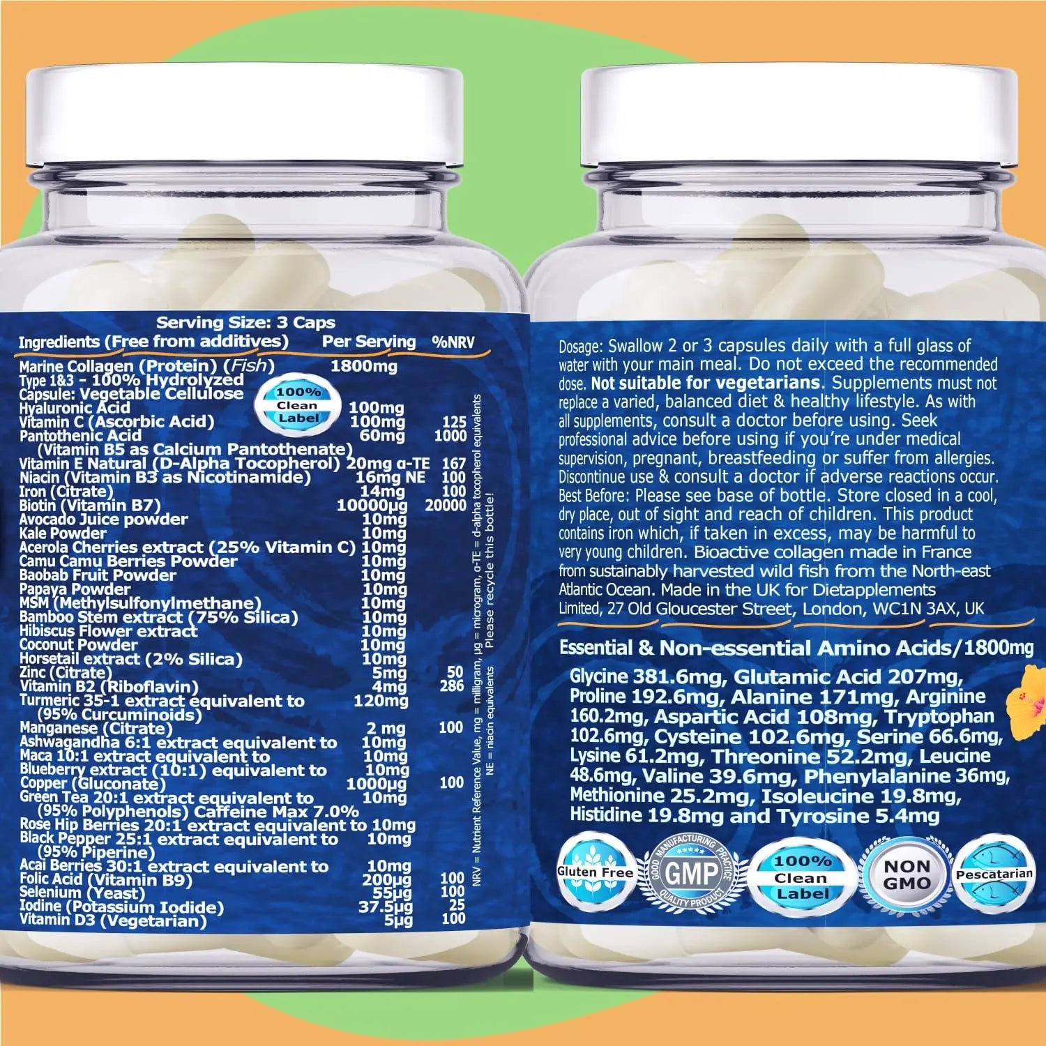 Marine Collagen Type1&3 1800mg, Biotin 10000mcg/serving, Hyaluronic Acid, Vitamins, Minerals, Botanicals Dietapplements Au supplements