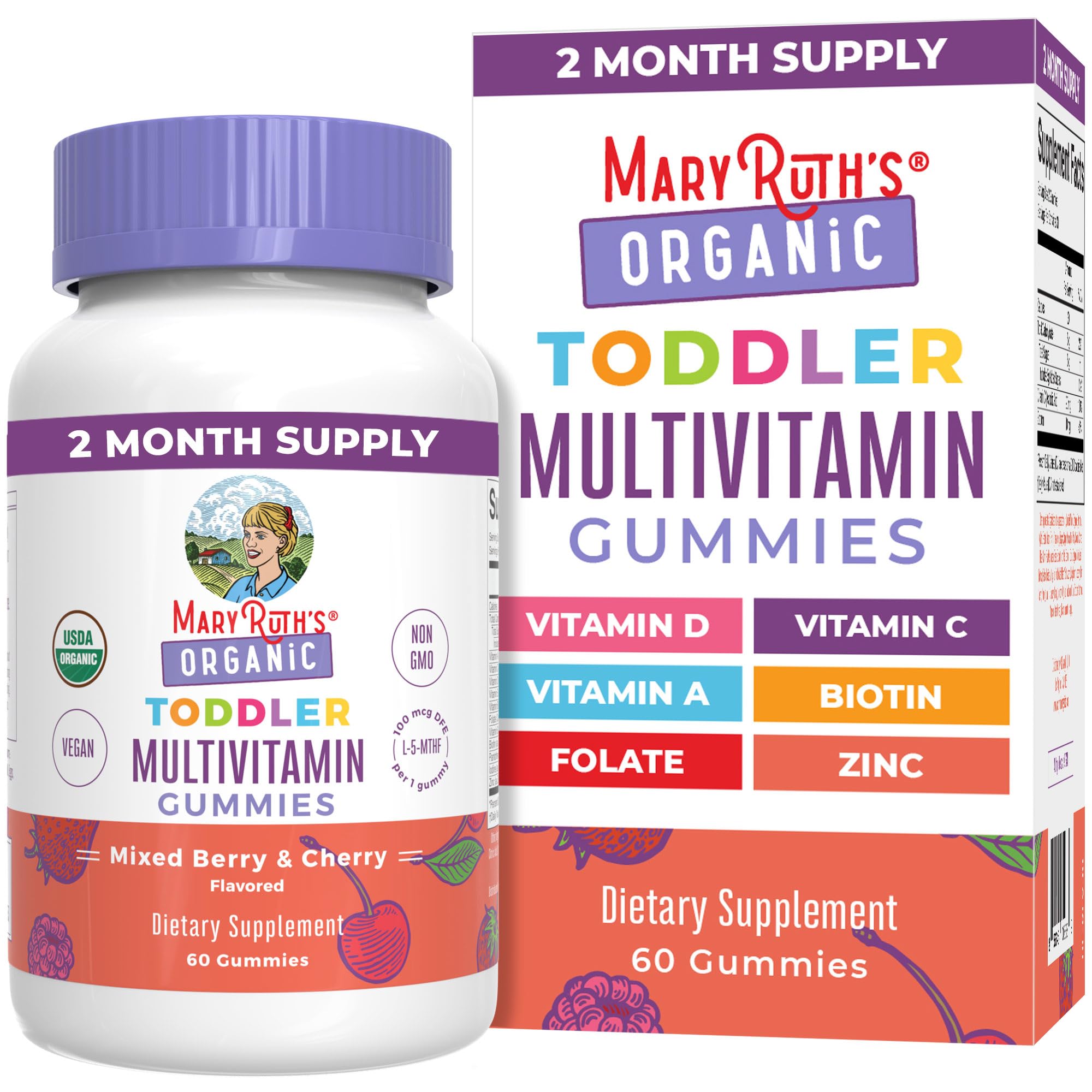 MARYRUTH'S Organic Toddler Multivitamin Gummies | Ages 4+ | Vitamin A, C, D, E, B6, B12, Biotin, Iodine, Zinc | Immunity | Bone & Teeth Health