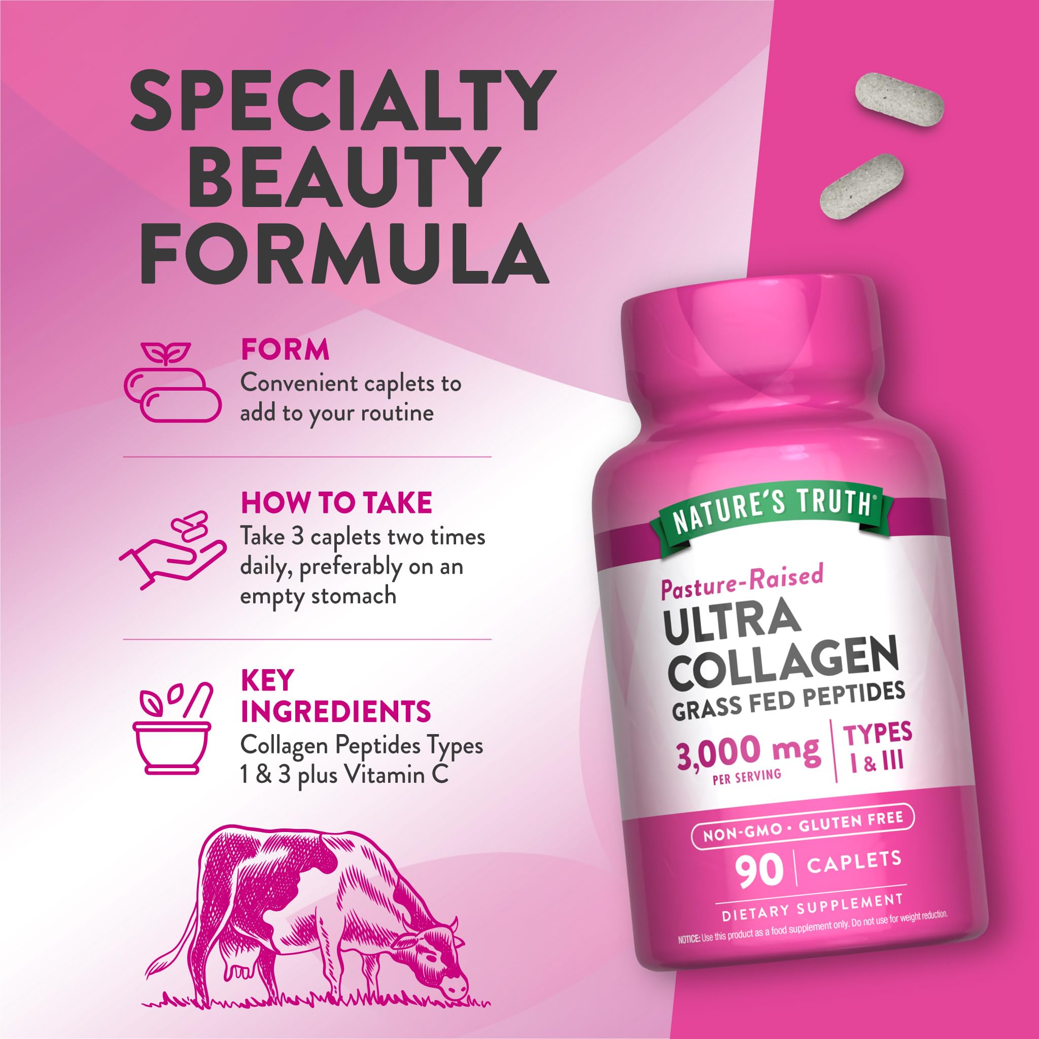 Nature's Truth Collagen Peptides | 90 Caplets | Type 1 and 3 with Vitamin C | Grass Fed, Non-GMO & Gluten Free Supplement