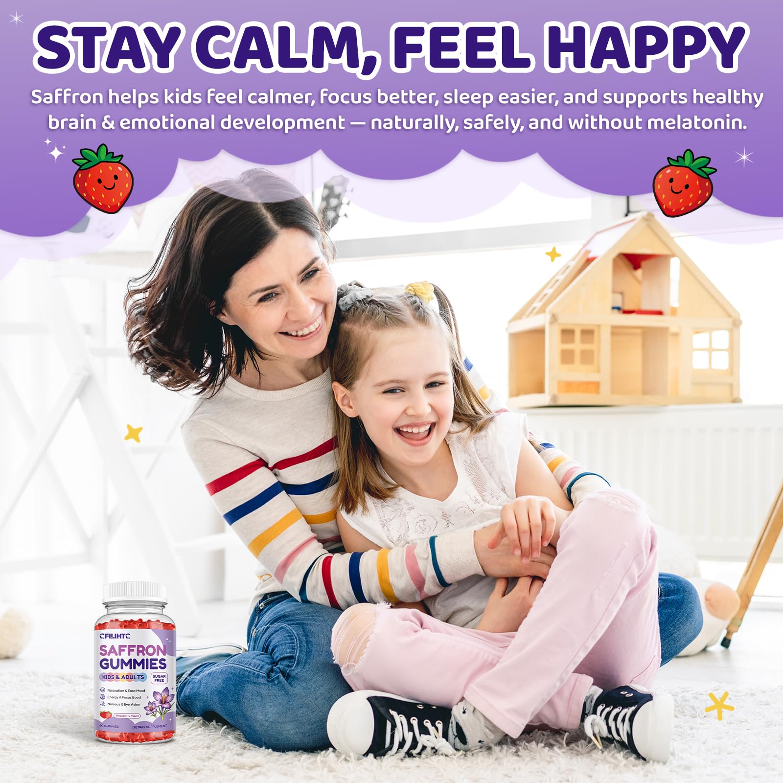 Saffron Gummies for Kids & Adults, 20-in-1 Saffron Supplements with 88.5mg Saffron Extract, B6, B12, C, D3, Magnesium for Calm, Focus, Nerve, Sugar Free, Vegan