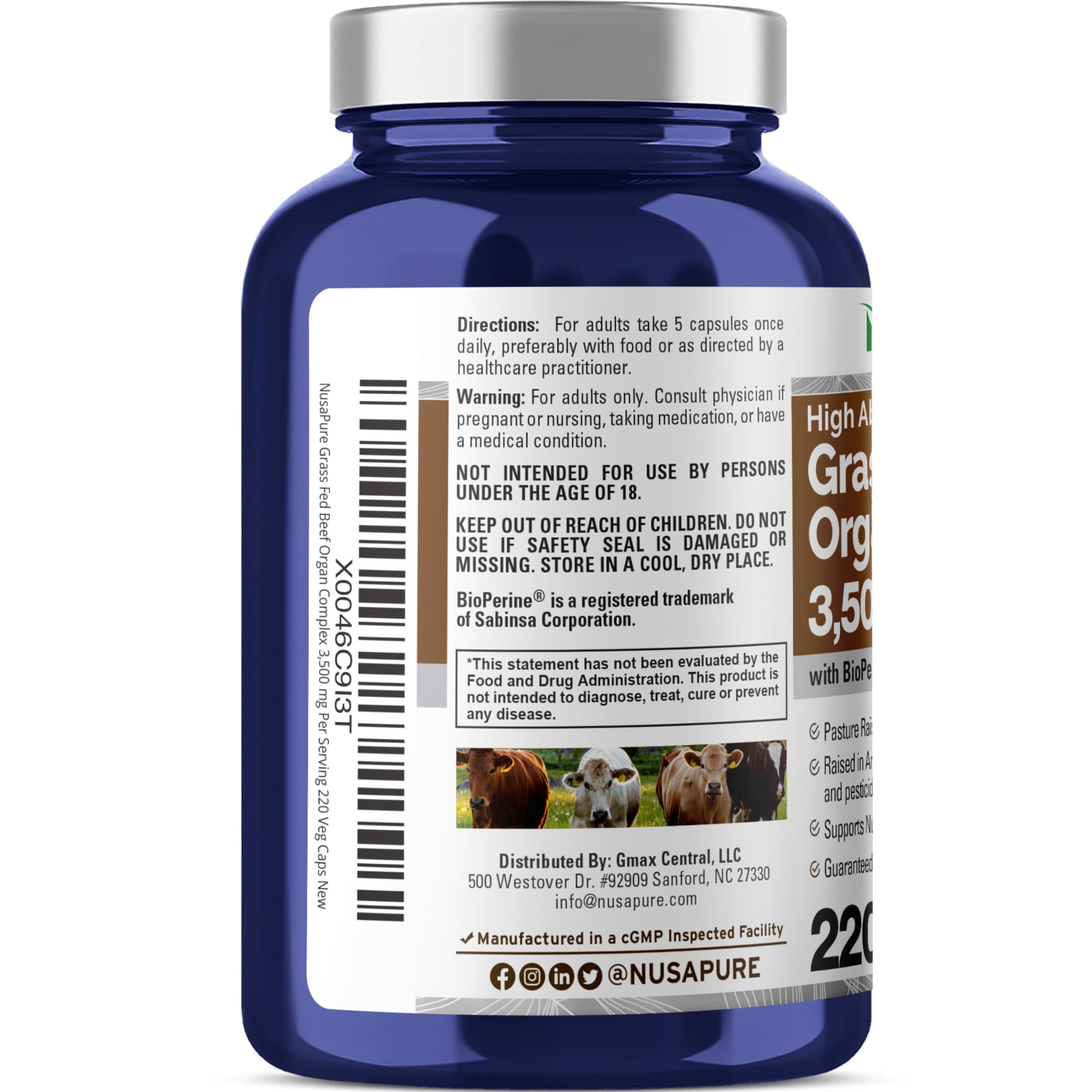 NusaPure Grass Fed Beef Organ Complex | 220 Capsules | Pasture Raised | with Desiccated Liver, Kidney, Pancreas, Heart, Spleen | Soyfree Non-GMO, Bioperine NusaPure Au supplements