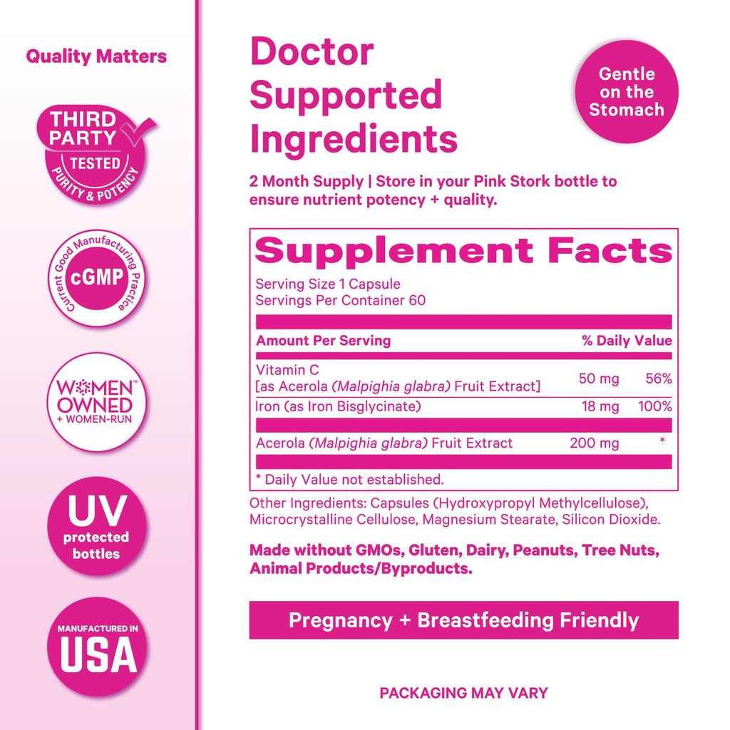 Pink Stork Iron for Women – 18 mg Non-Constipating Iron Bisglycinate + Vitamin C for Optimal Absorption – Energy, Focus, & Oxygen Supply – PMS, Pregnancy, Postpartum & Perimenopause - 60 Capsules Pink Stork Au supplements