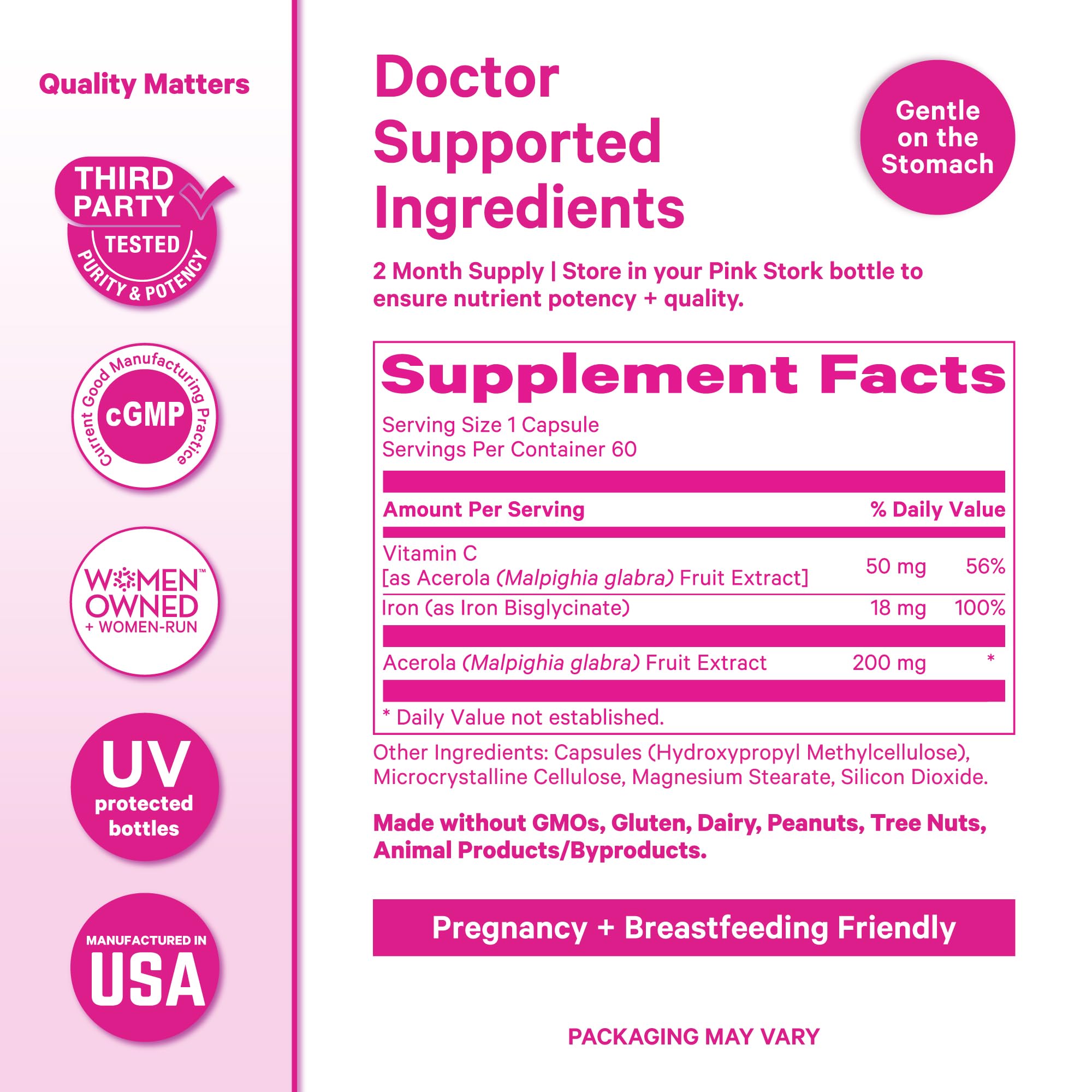 Pink Stork Iron for Women – 18 mg Non-Constipating Iron Bisglycinate + Vitamin C for Optimal Absorption – Energy, Focus, & Oxygen Supply – PMS, Pregnancy, Postpartum & Perimenopause - 60 Capsules Pink Stork Au supplements