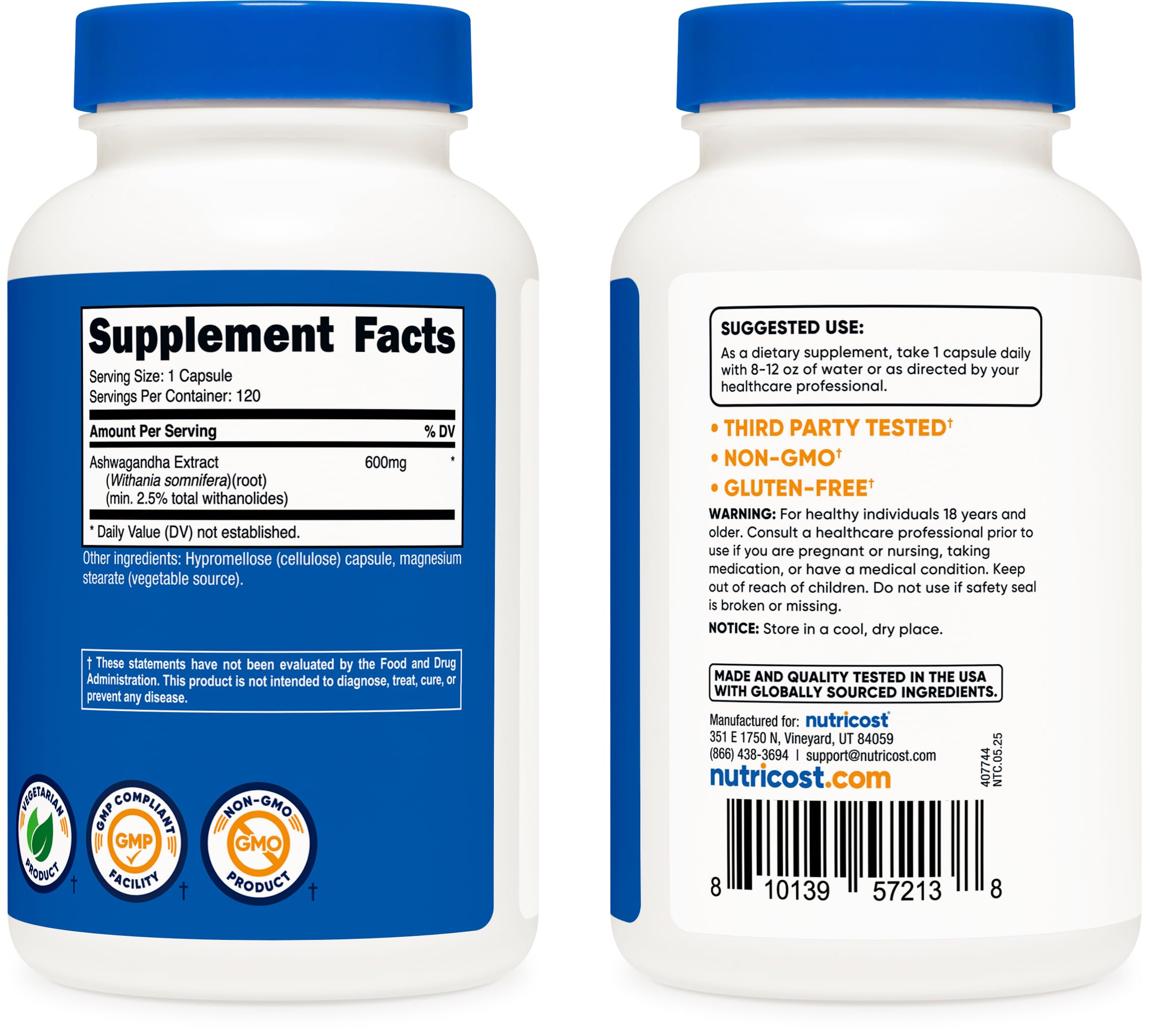 Nutricost Ashwagandha Herbal Supplement 600mg, 120 Capsules - Vegetarian, Non-GMO, Gluten Free, Ashwagandha Root Nutricost Au supplements