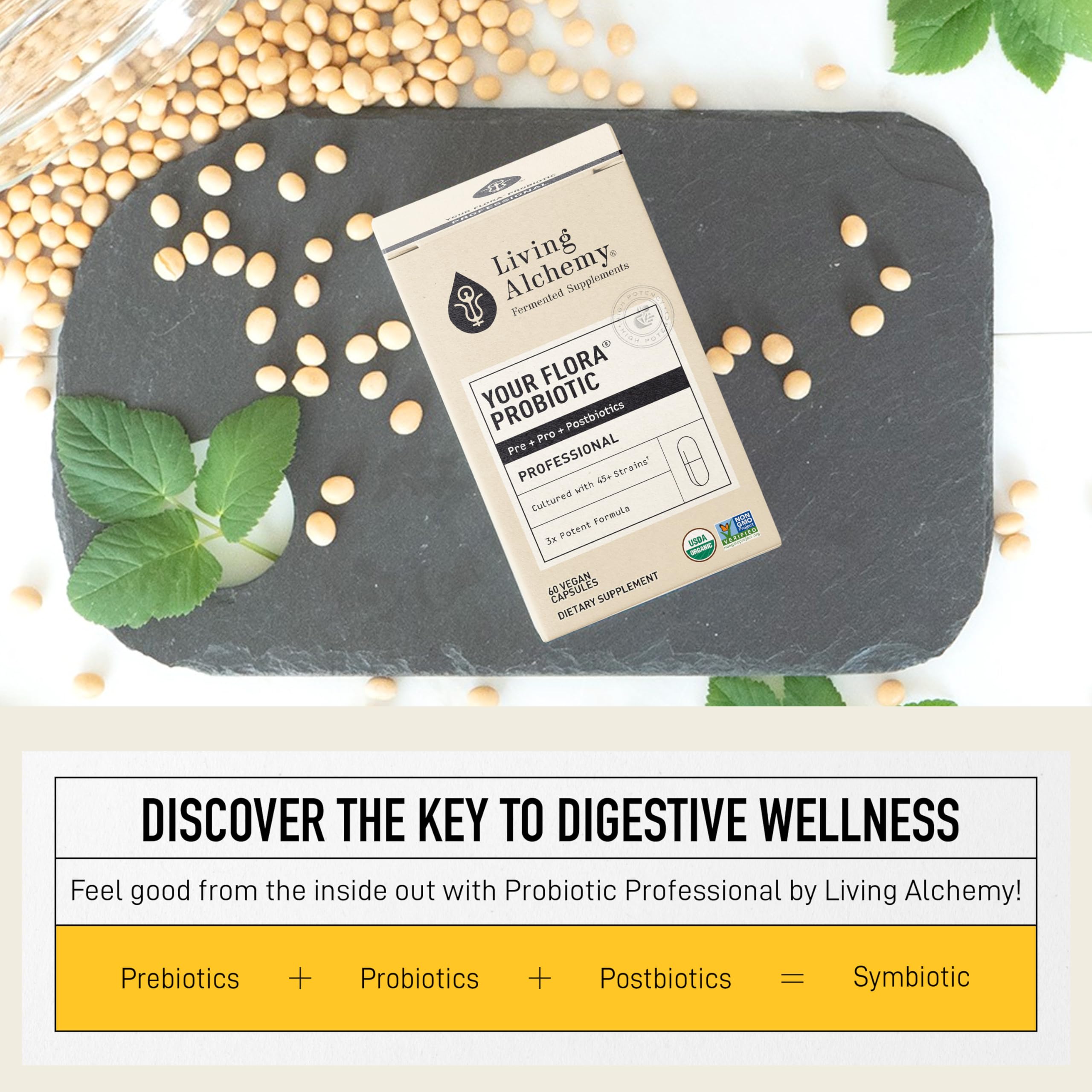 Living Alchemy Gut Health Supplements for Men & Women - Your Flora Probiotic Professional Digestion Supplement with Fermented Soybean, Prebiotics,