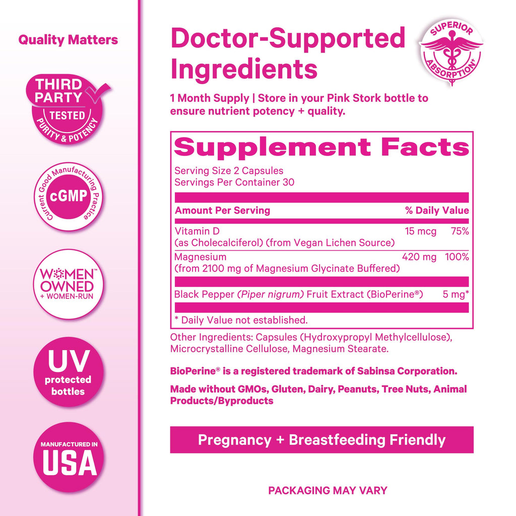 Pink Stork Magnesium Glycinate with Vitamin D - Magnesium Supplement for Women to Support Natural Calm, Mood, and Sleep - Hormone Balance for Women