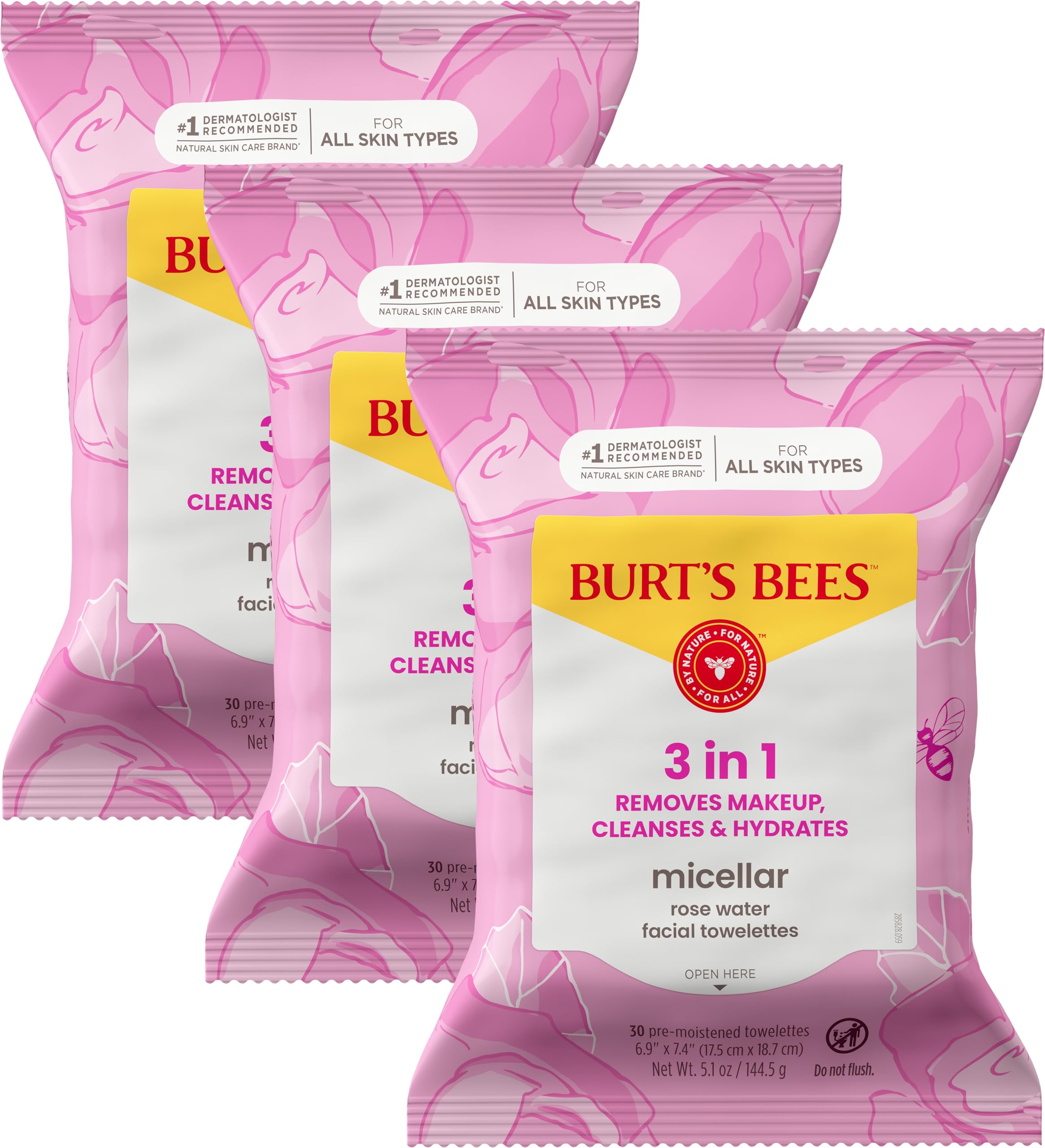 Burt’s Bees Micellar Rose Water Facial Towelettes, 100% Plant Based Cloth; 99% Natural Origin; Remove Makeup, Cleanse, Hydrate; No Oily Residue; All Skin Types; 30 Ct, Pack of 3 (Pack May Vary)