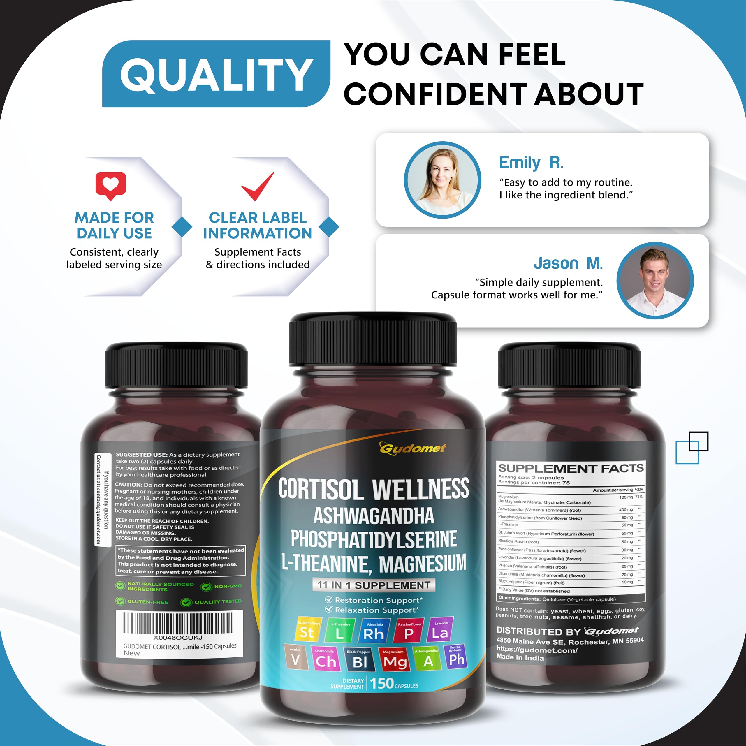 GUDOMET CORTISOL Wellness Magnesium Ashwagandha L-Theanine Phosphatidylserine Rhodiola Rosea Passionflower Lavender Chamomile -150 Capsules GUDOMET Au supplements