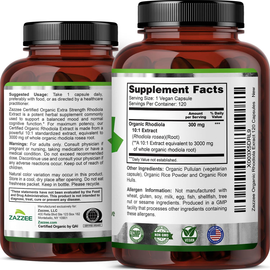 Zazzee USDA Organic Rhodiola 10:1 Extract, 120 Capsules, 4 Month Supply, Rhodiola Rosea, Energy, Stress & Mental Focus Support, Concentrated 10X Extract
